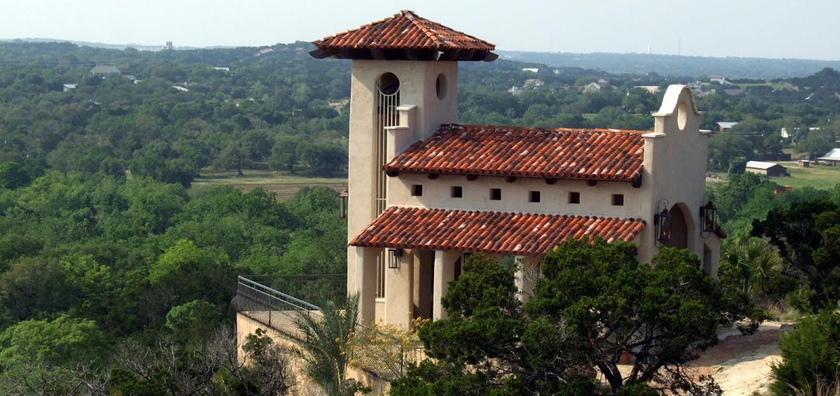 Chapel Dulcinea — the stone chapel tower above the Texas Hill Country