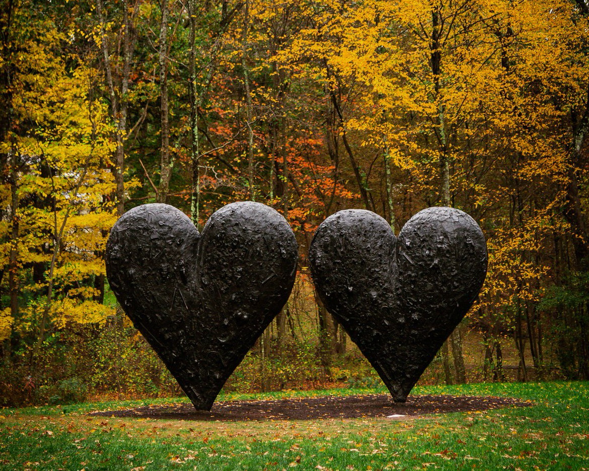 deCordova Sculpture Park and Museum, Lincoln — Jim Dine's twin heart sculptures among autumn trees