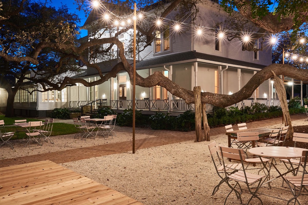 The Inn at Green Pastures, Austin — string lights over the courtyard beneath a sprawling live oak