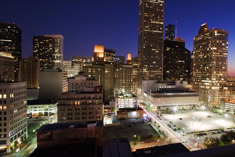 Hotel ICON, Downtown Houston — the downtown skyline lit up at night
