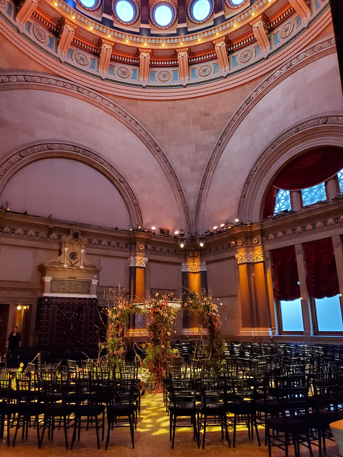 Weylin, Williamsburg — chairs set for a ceremony beneath the gilded dome of the former bank