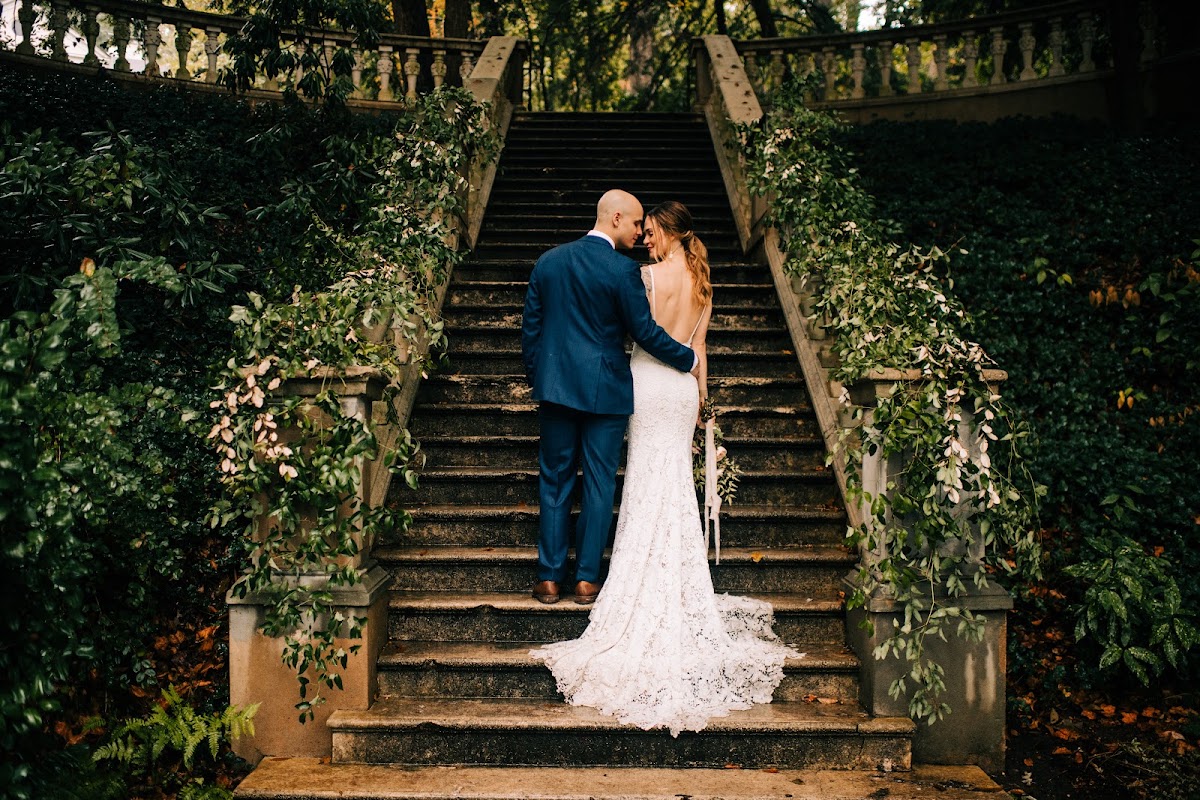 Cator Woolford Gardens, Druid Hills — a couple on the ivy-covered stone garden stairs