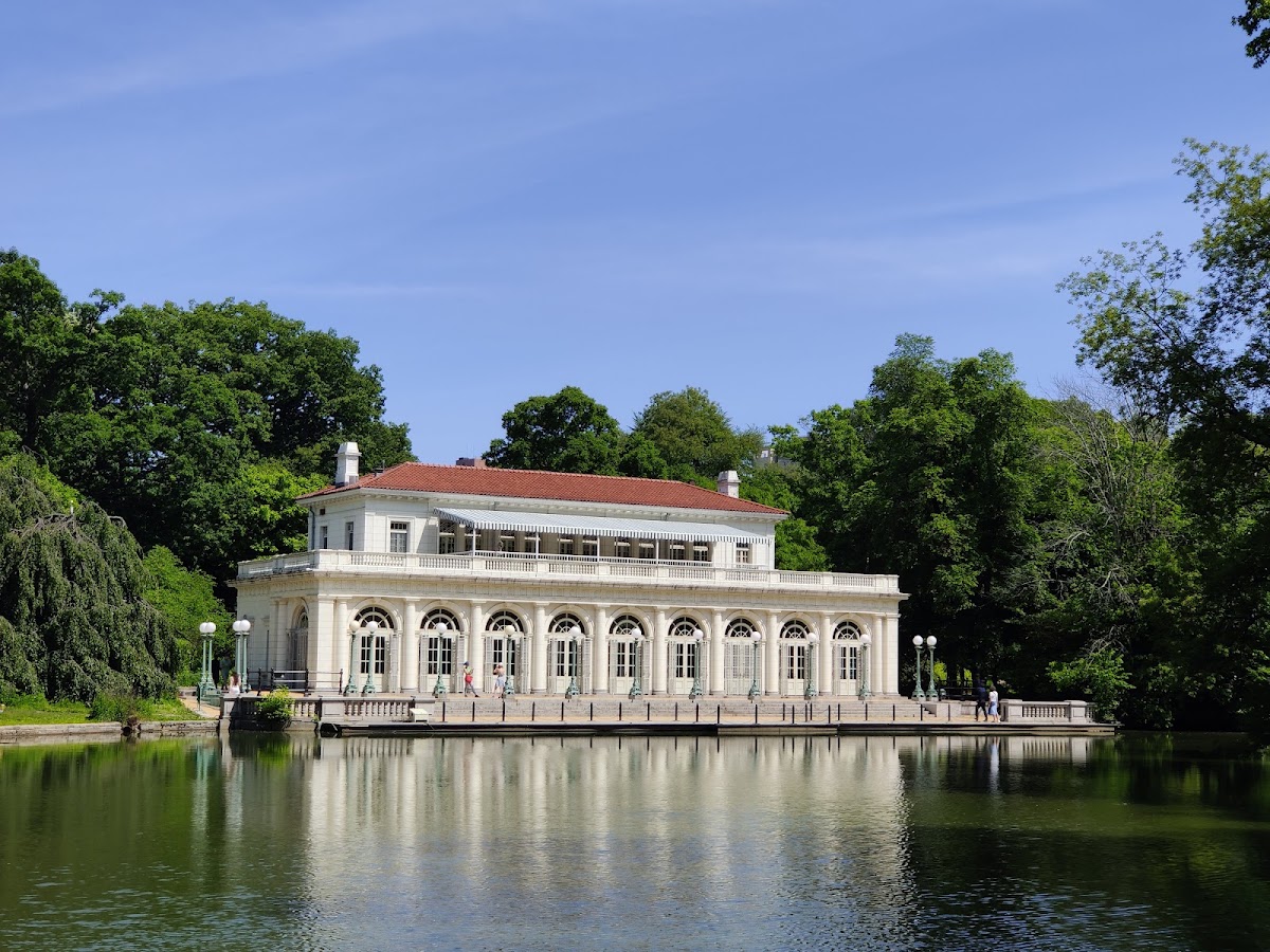 Prospect Park Boathouse, Brooklyn — the white Beaux-Arts boathouse reflected in the lake