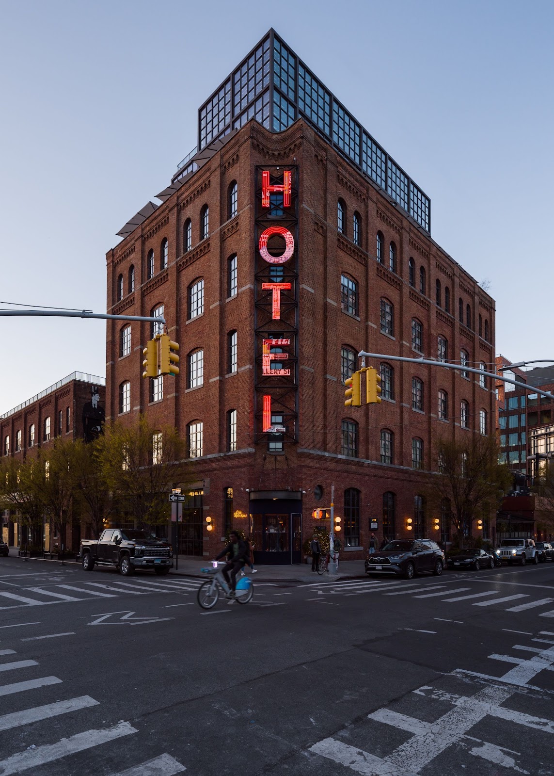 Wythe Hotel, Williamsburg — the red-brick hotel with its vertical HOTEL sign