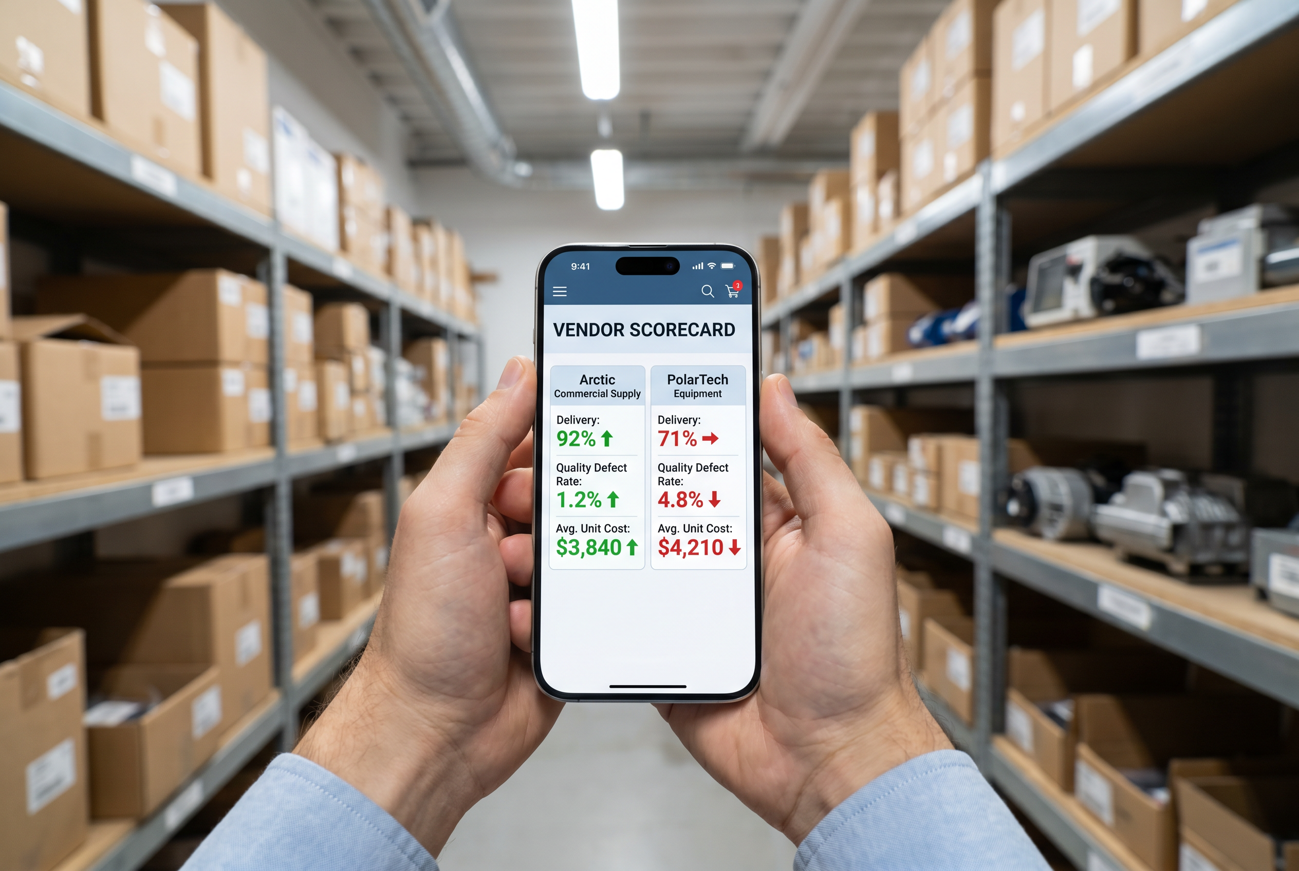 Vendor performance tracking software - supplier scorecard on iPhone 15 Pro - procurement manager field review