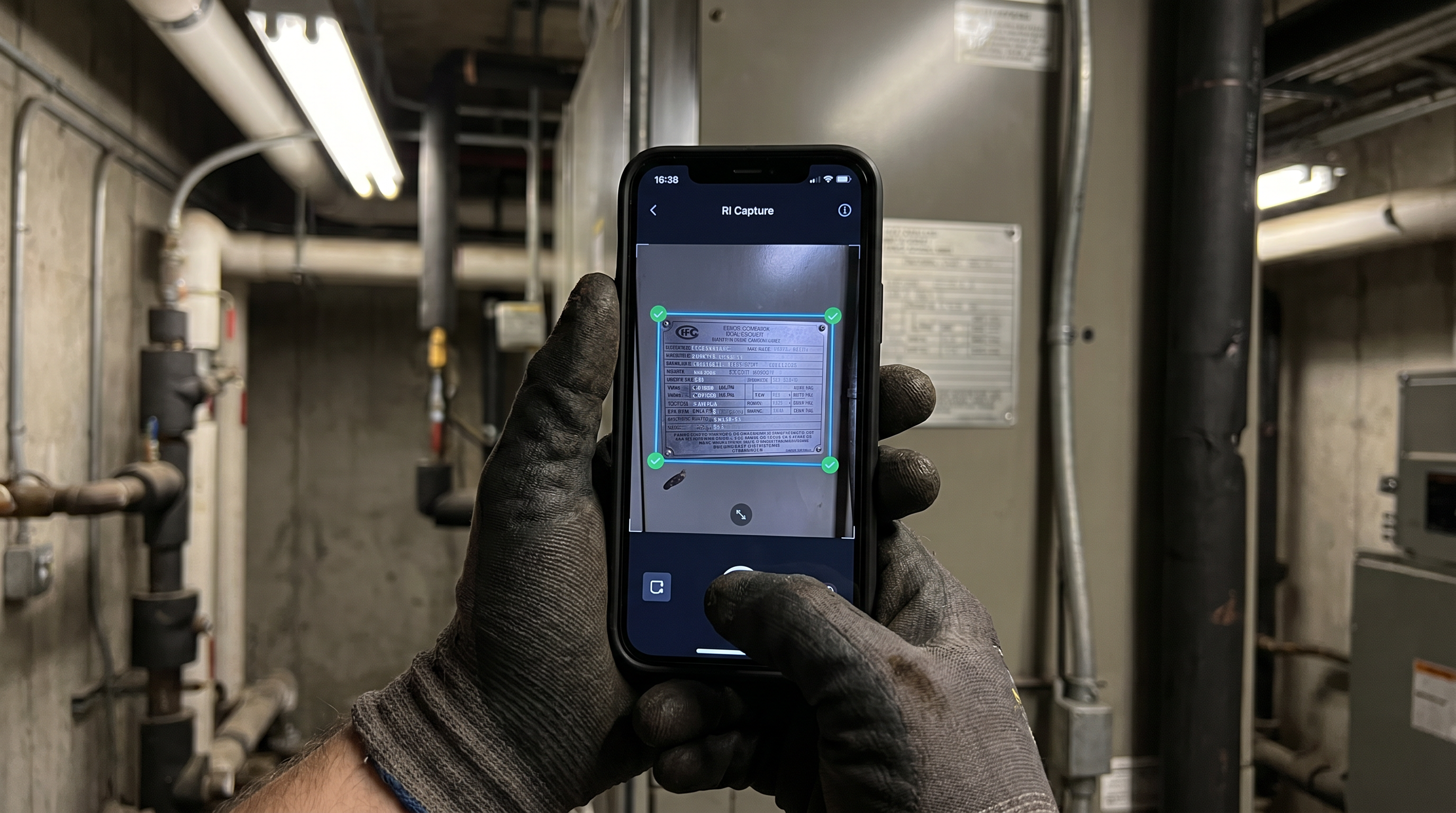RI Capture mobile app in use — architect photographing existing MEP equipment in a commercial building back-of-house for asset documentation