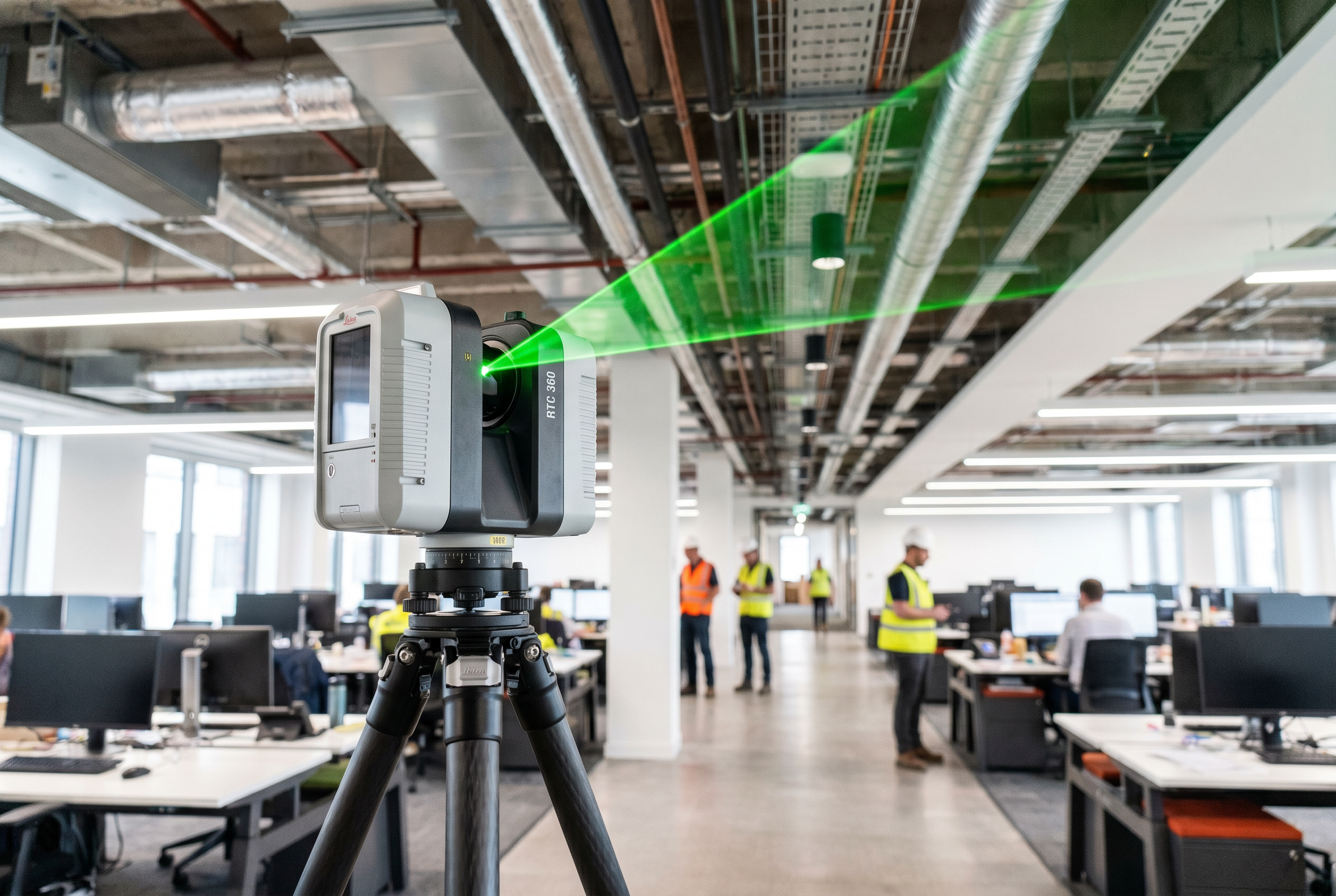 LEICA RTC 360 scanner on tripod capturing point cloud data in a large commercial building