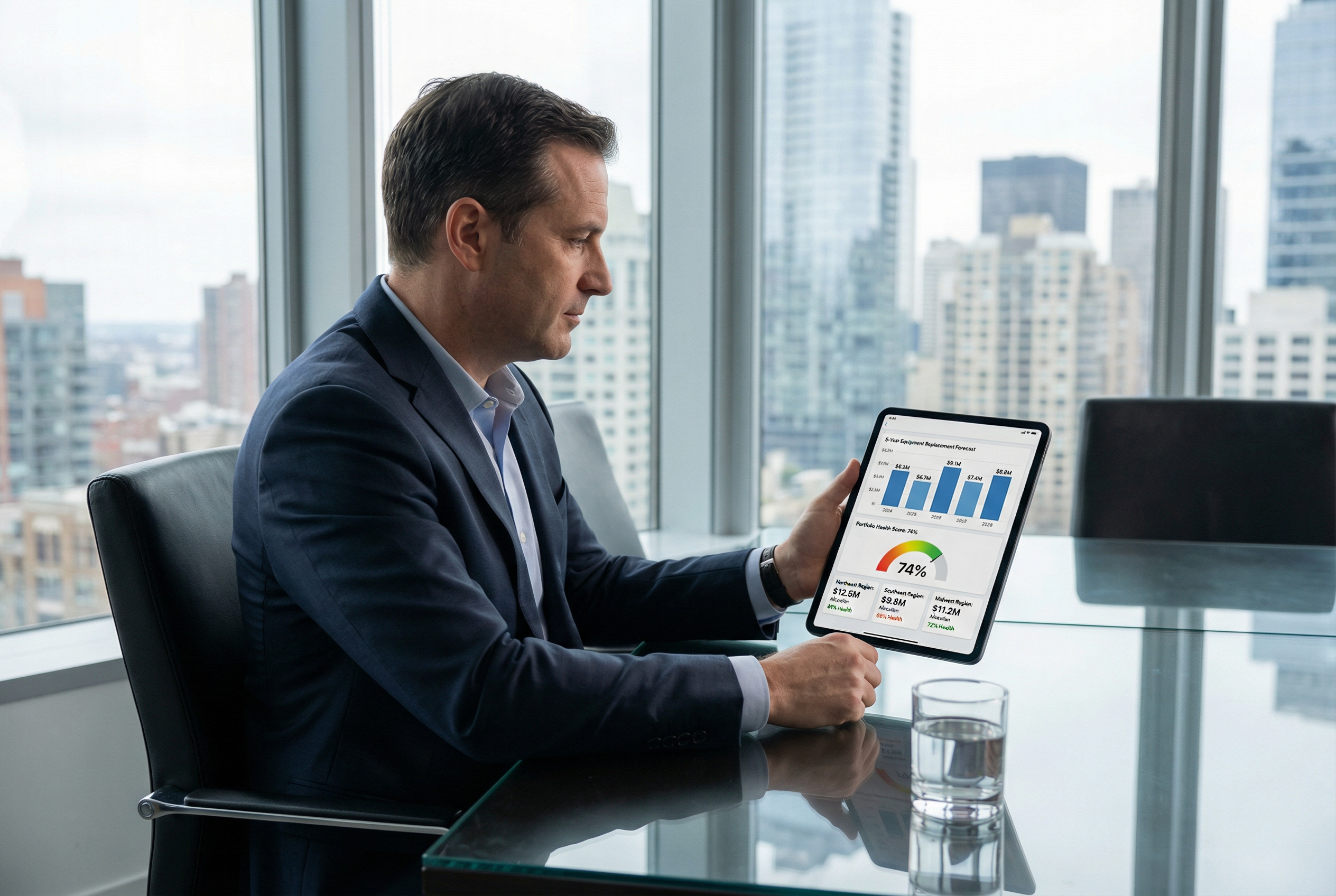CFO asset management platform - capital forecast dashboard on iPad Pro - executive reviewing board meeting data