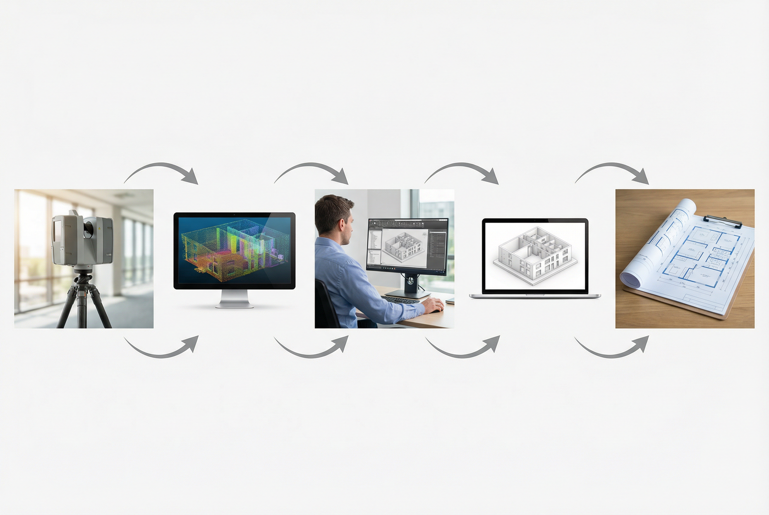 Five-phase scan-to-BIM workflow showing laser scanner, point cloud data, and Revit BIM model in a simple left-to-right progression