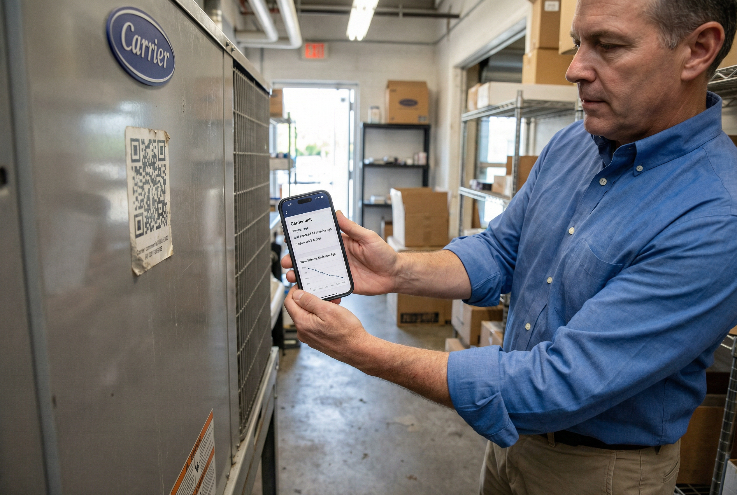 Store operations director portfolio platform - QR code scan revealing equipment age and sales correlation on iPhone during store walk