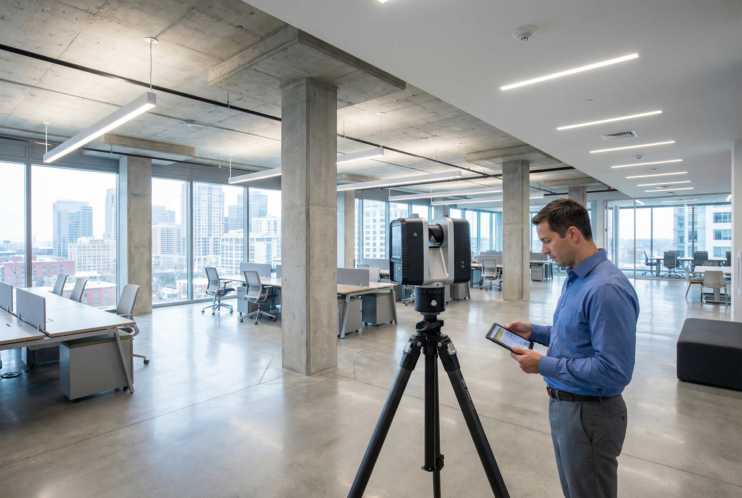 property manager scan to bim - LEICA RTC 360 laser scanner documenting commercial office floor plate - professional building documentation
