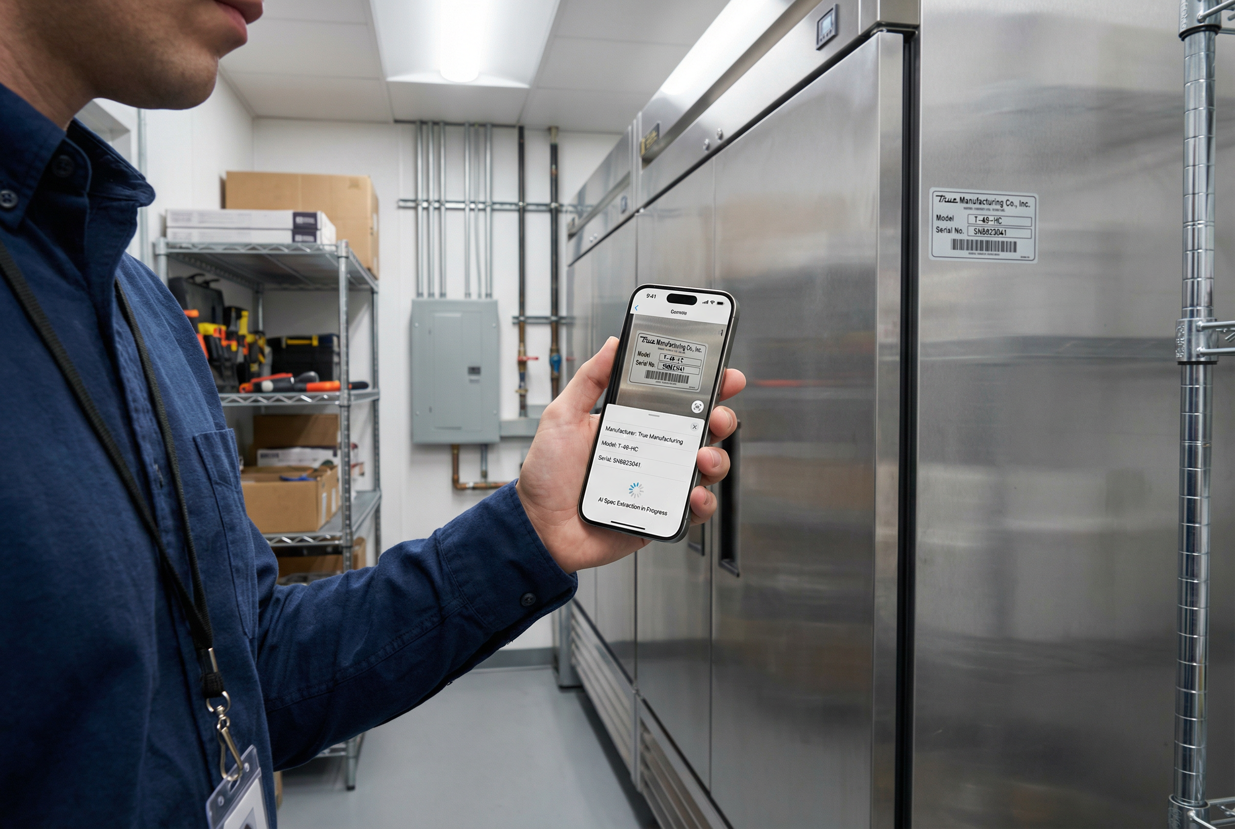 Retail store asset management software - store manager documenting refrigeration unit on iPhone during daily walk - back-of-house