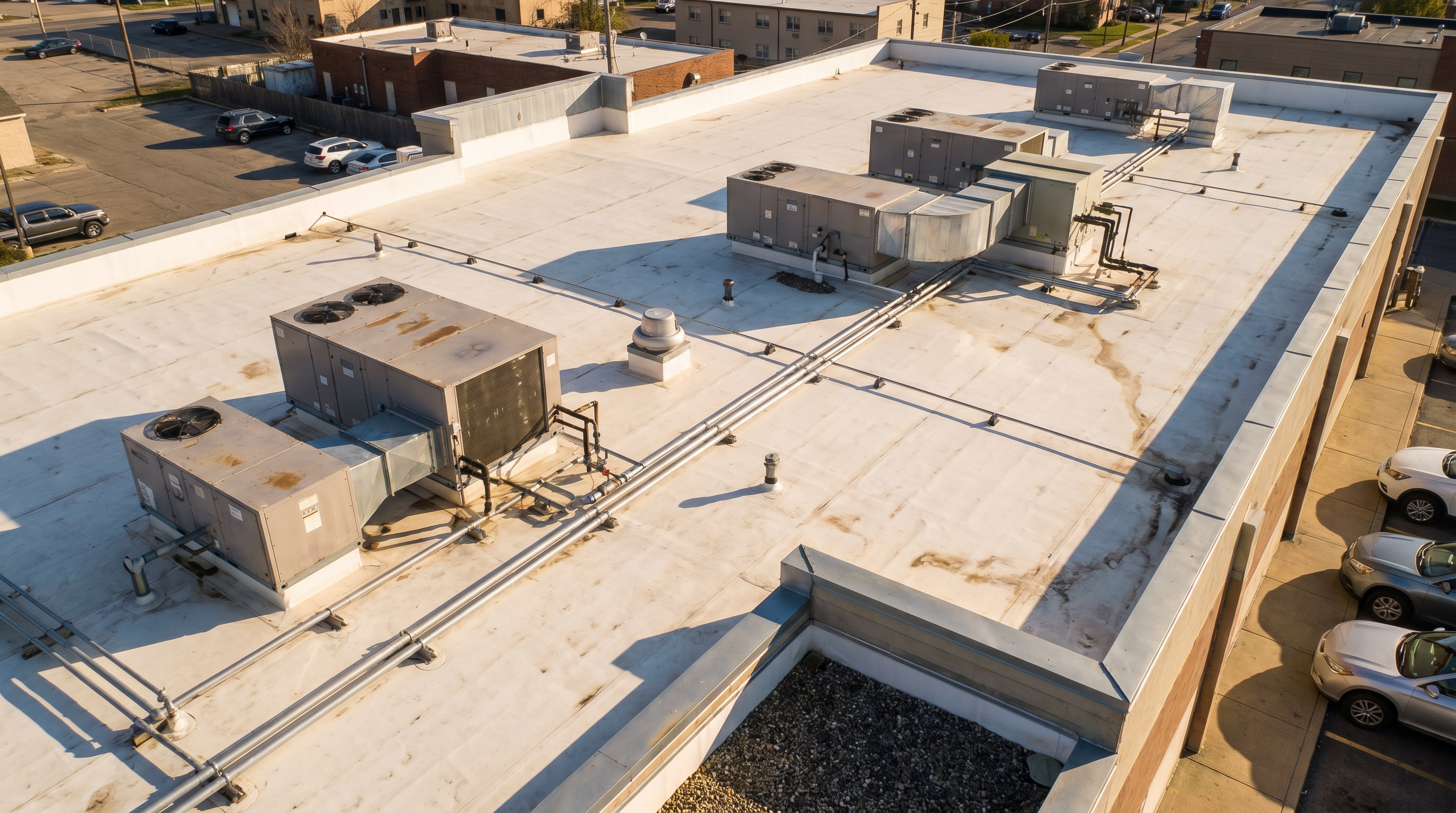 Robotic Imaging aerial drone roof inspection — close-up view of commercial rooftop HVAC units, membrane, and drainage equipment captured by FAA Part 107 drone pilot