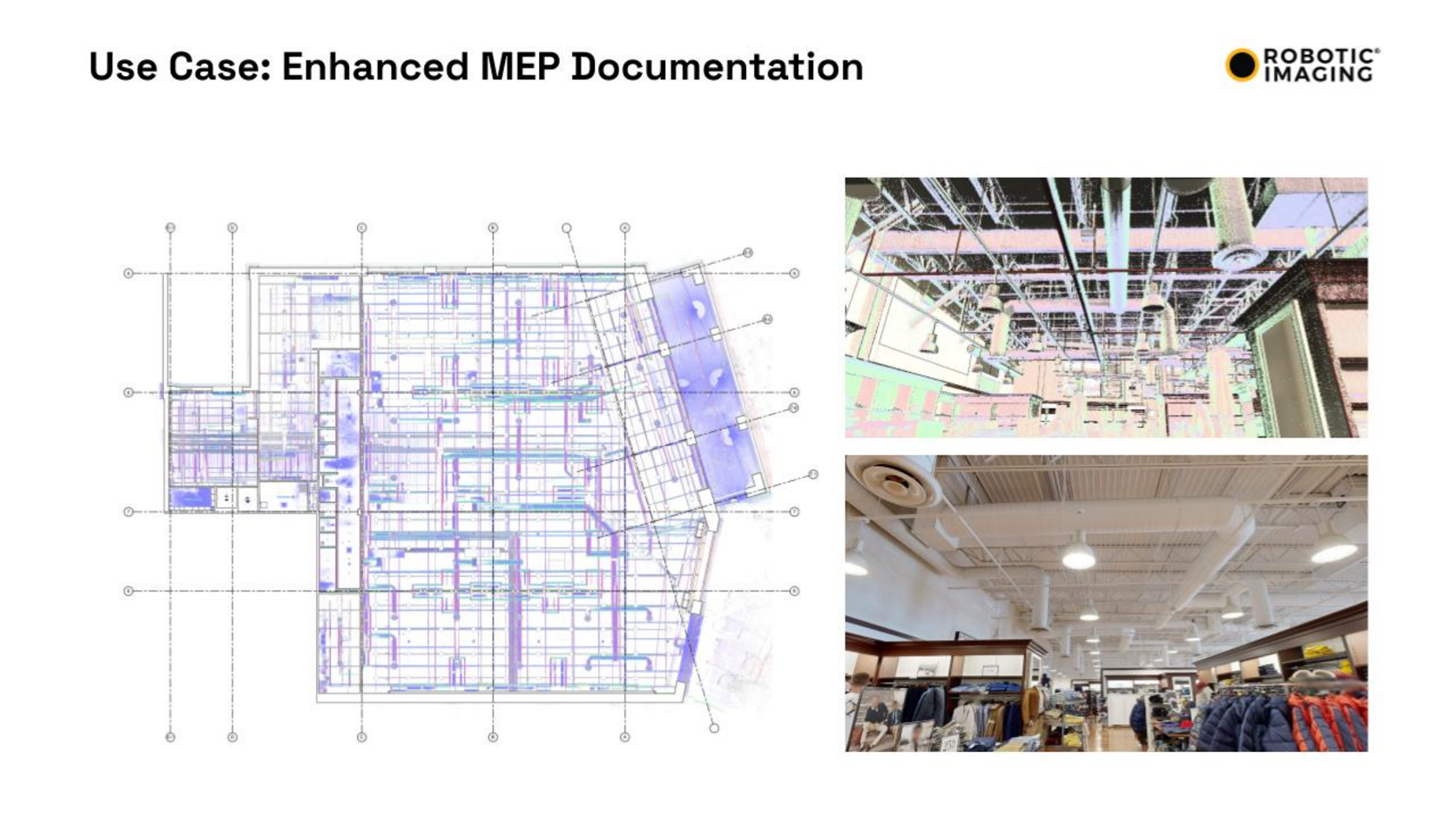 Robotic Imaging MEP Documentation deliverable — actual Scan-to-CAD project showing colorized LiDAR point cloud overlaid on 2D MEP floor plan of a retail store, with above-ceiling scan photograph and finished retail interior