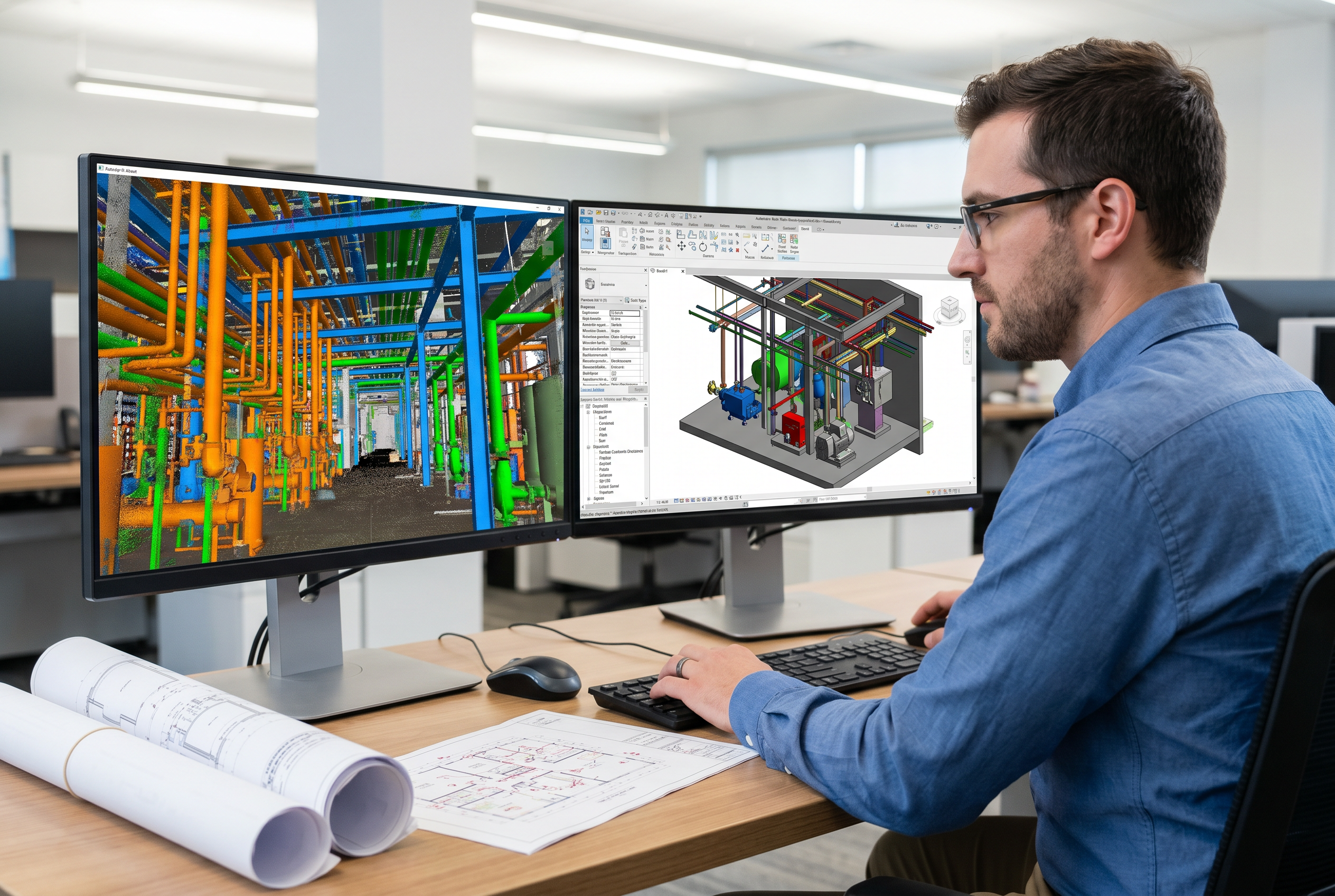 BIM modeler reviewing a detailed LOD 350 Revit model of an industrial facility on dual monitors