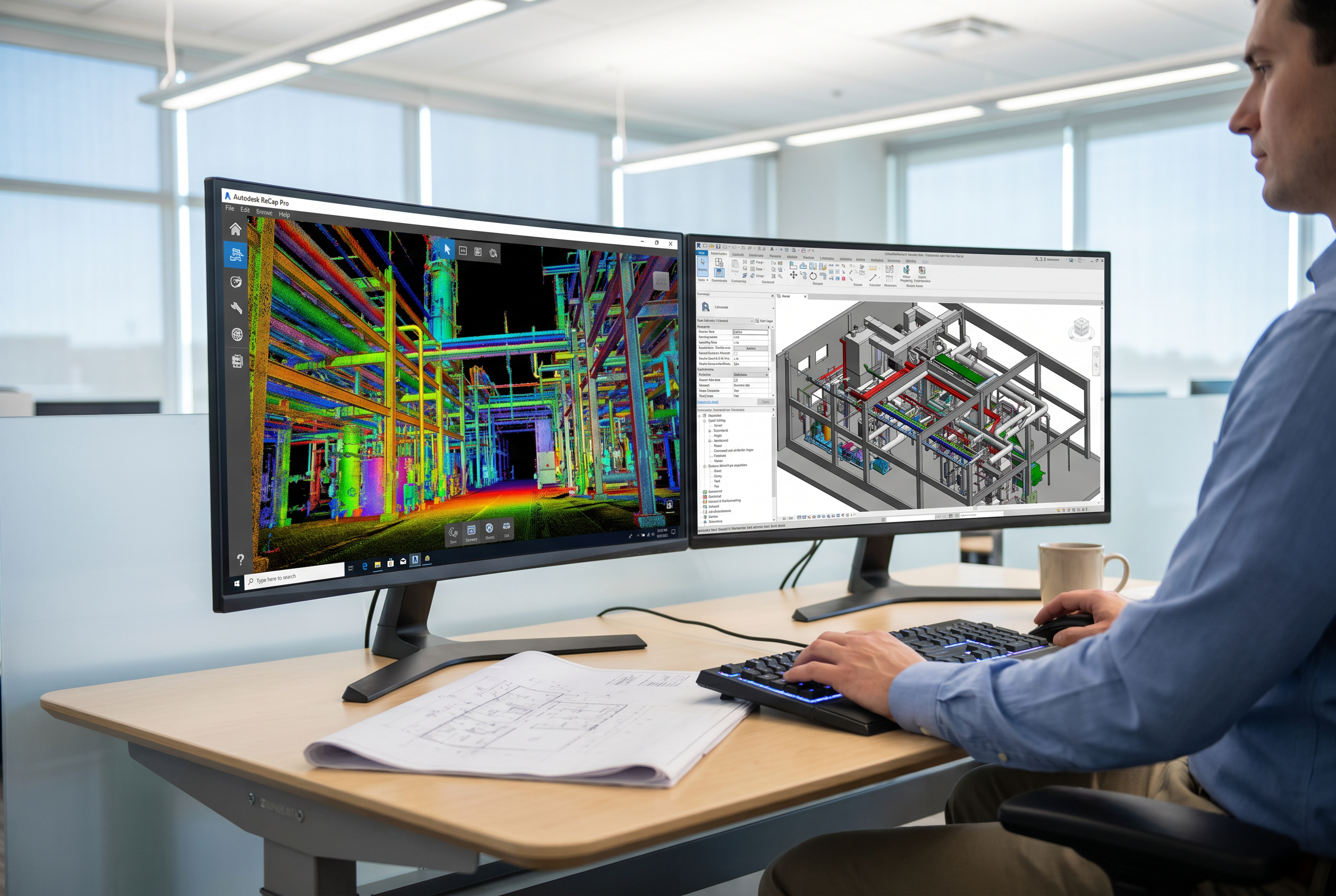 BIM modeler reviewing LOD 350 industrial plant Revit model derived from P50 point cloud data