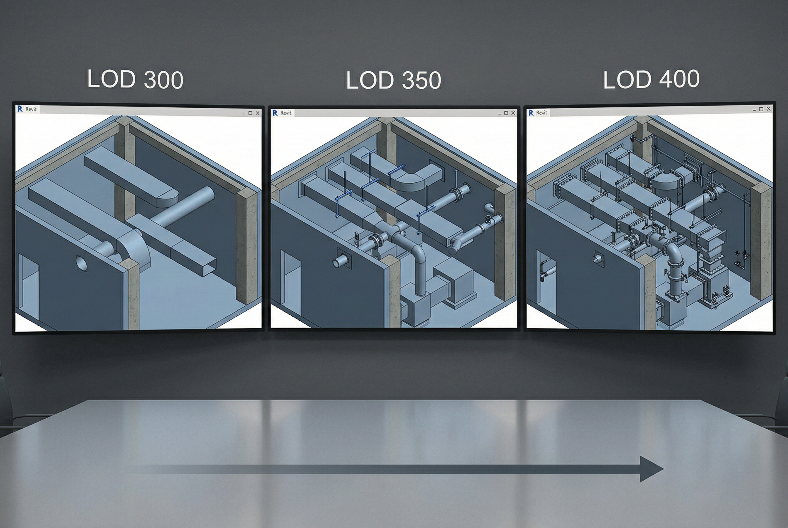 lod 300 vs lod 350 vs lod 400 - BIM detail level comparison showing three side-by-side Revit models of the same MEP mechanical room at increasing levels of geometric and connection detail