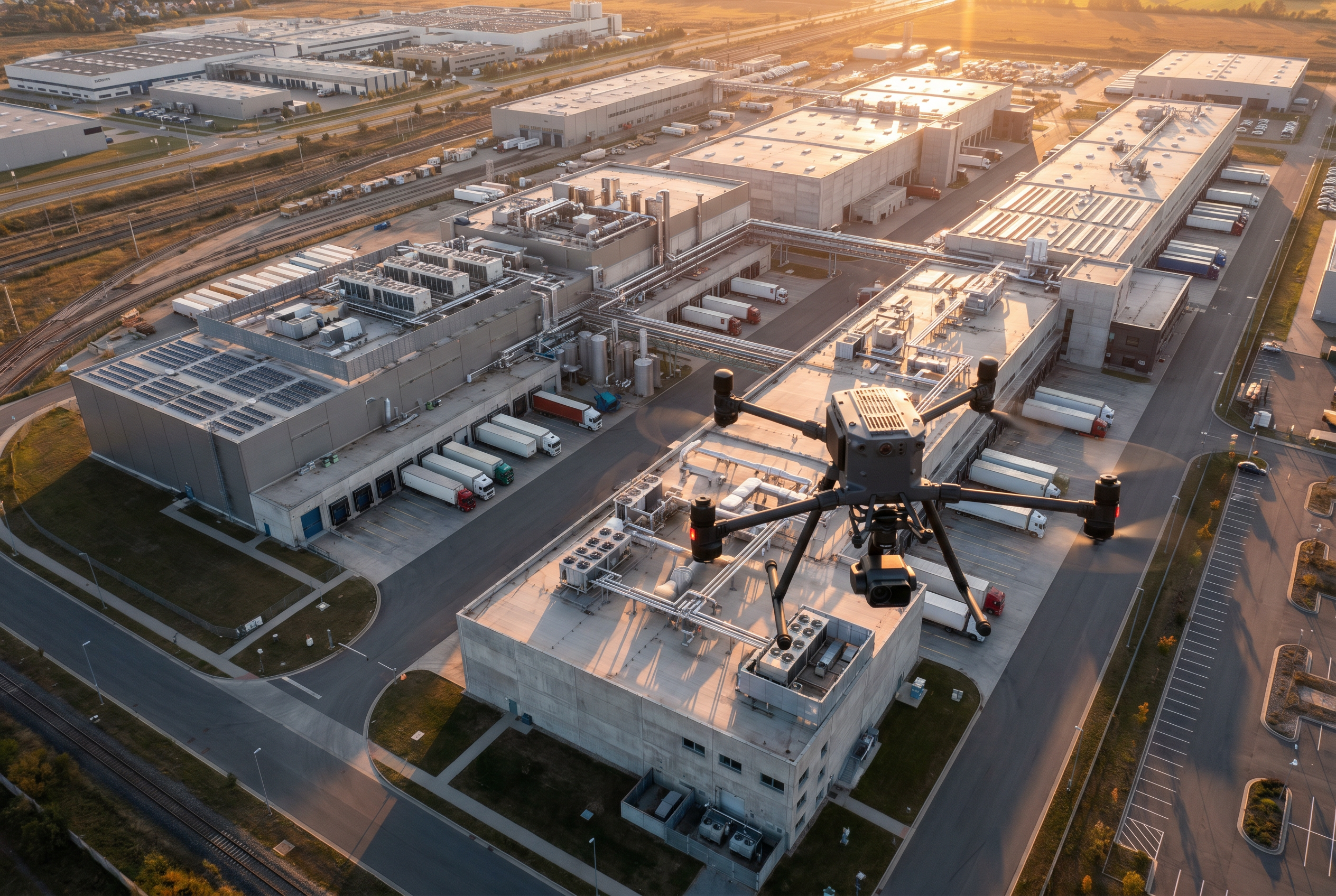 Aerial view of a large industrial facility campus documented with laser scanning and drone equipment