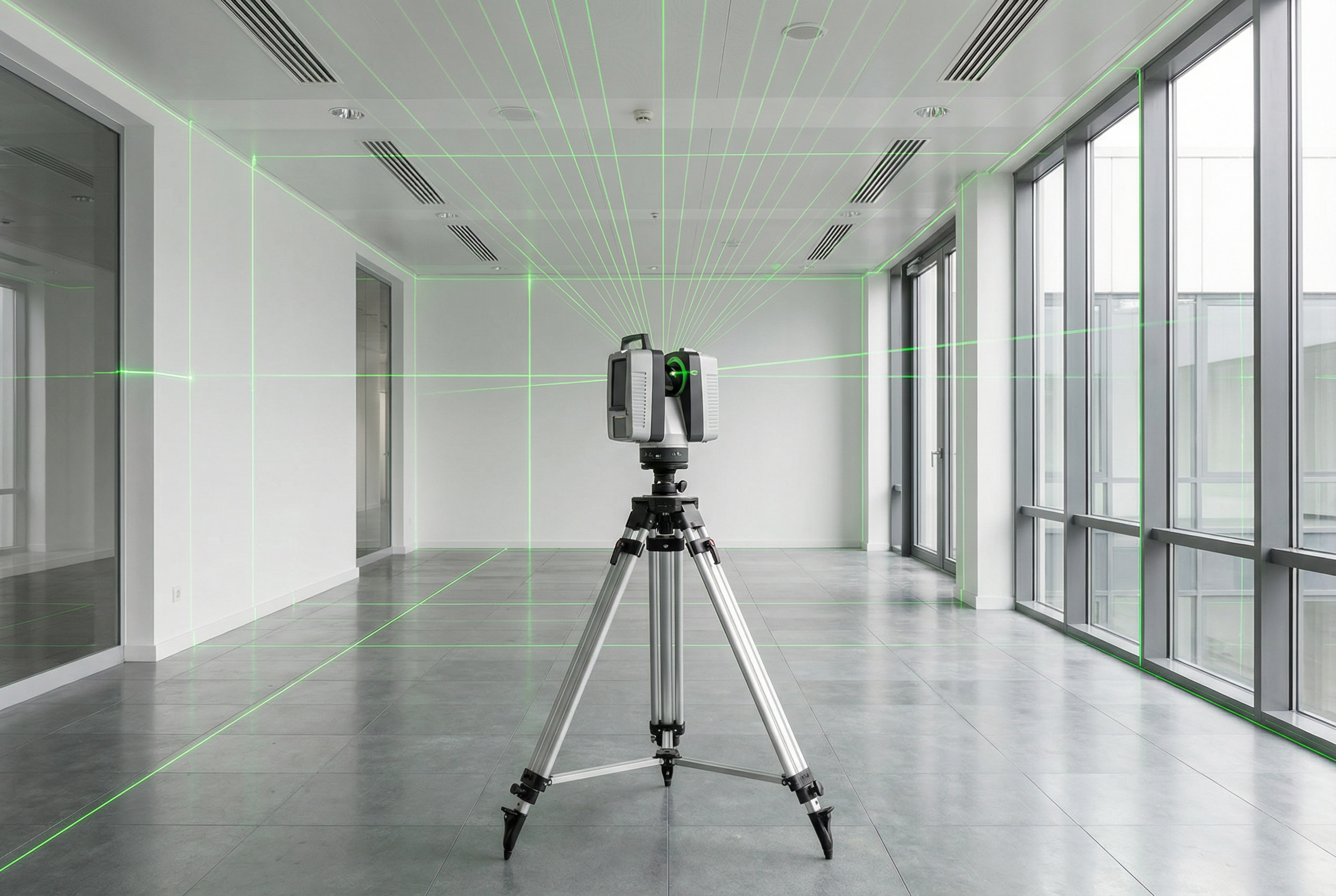 Laser scanner on tripod capturing 360-degree measurements inside a commercial office building, with visible laser beams illustrating the time-of-flight measurement process