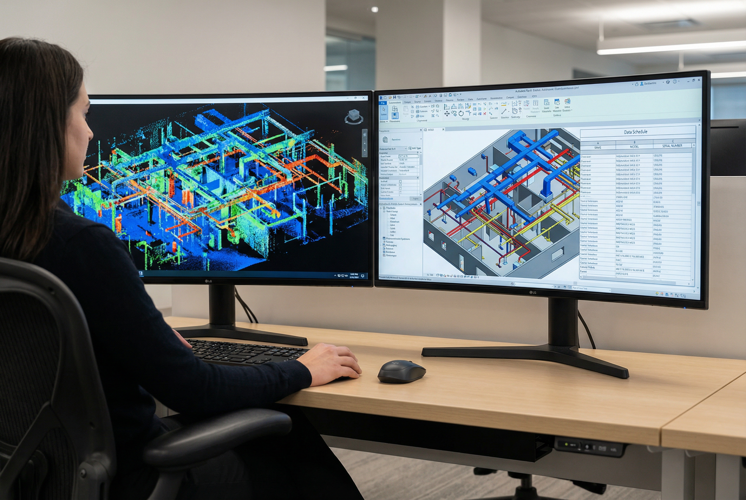 facility manager scan to bim - BIM modeler creating LOD 300 Revit model with MEP equipment inventory from point cloud data - CMMS integration workflow