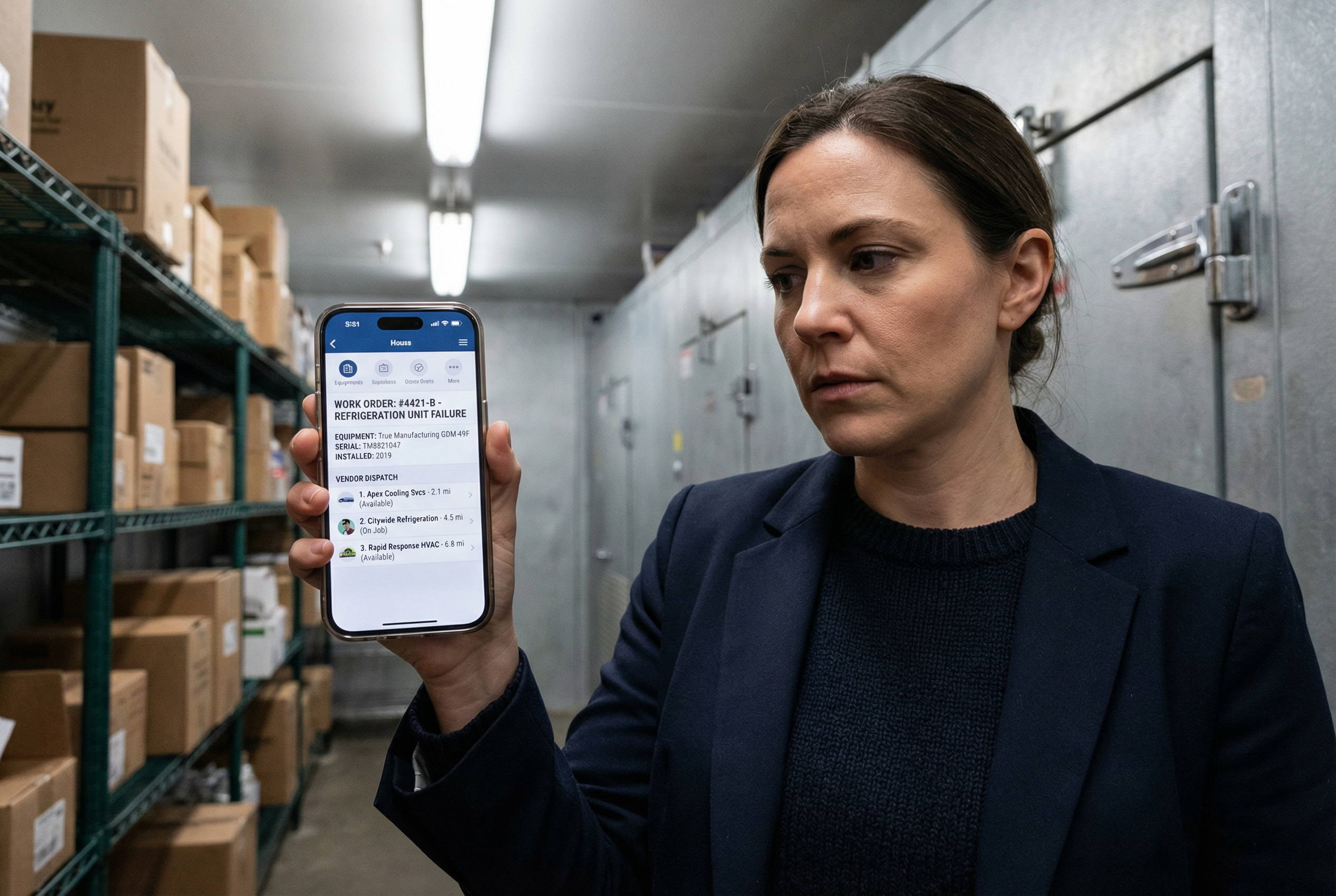 Retail facilities manager asset platform - mobile work order and vendor dispatch during refrigeration emergency - smartphone workflow