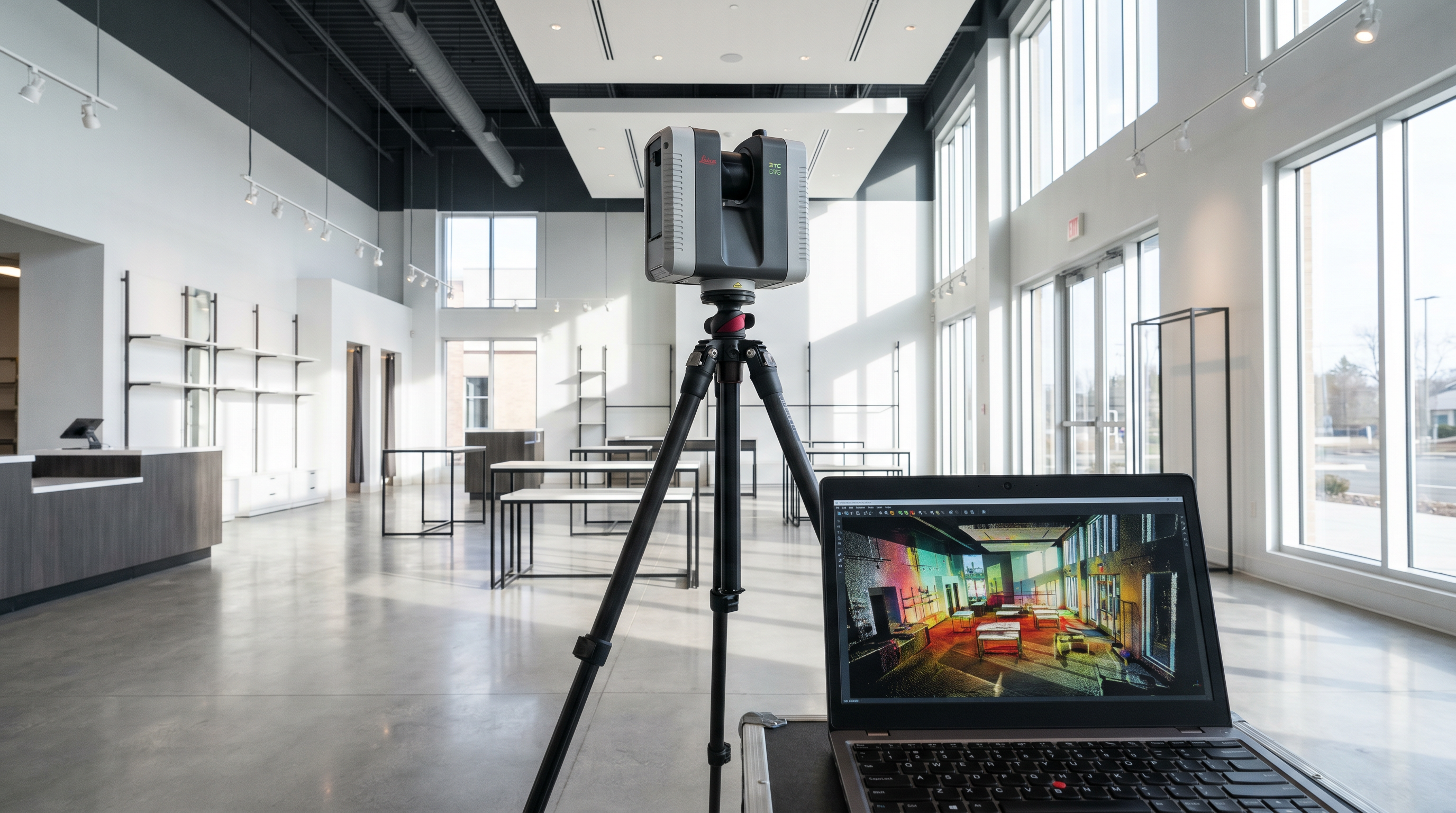 scan to CAD workflow — LEICA RTC 360 laser scanner on tripod in commercial retail interior with point cloud visualization on laptop — field documentation process