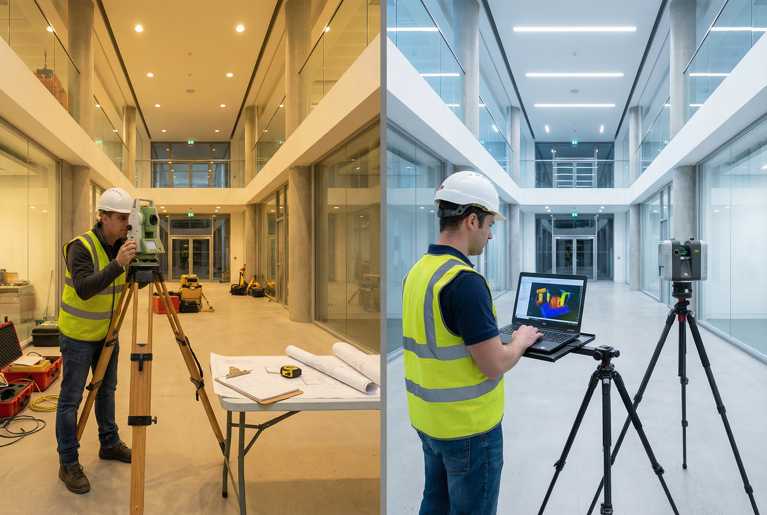 Scan-to-BIM vs traditional surveying — cost and timeline comparison table showing per-square-foot pricing, field capture duration, and break-even analysis for commercial projects