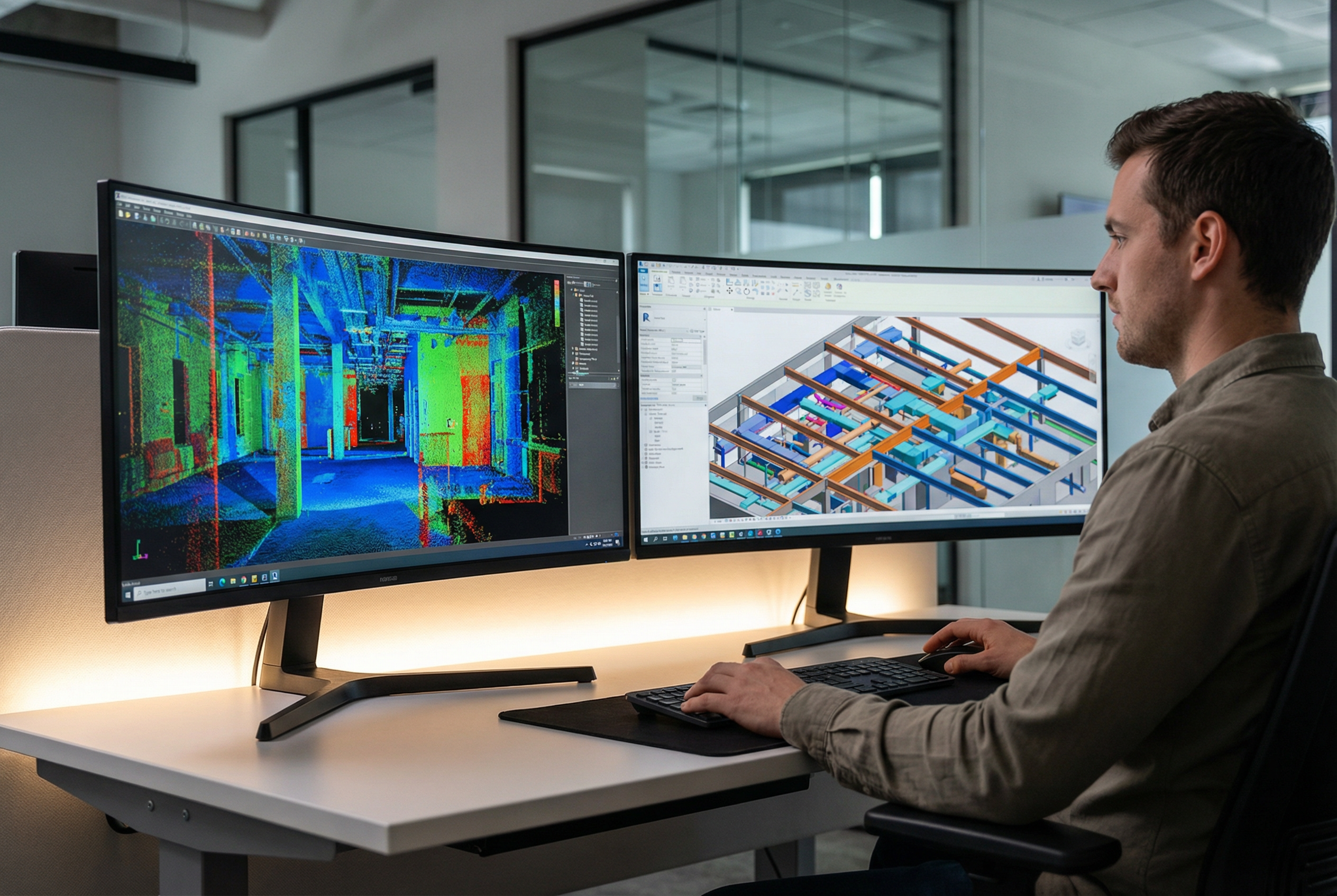 Scan-to-BIM services - BIM modeler reviewing point cloud and LOD 350 Revit model on dual monitors - professional workflow