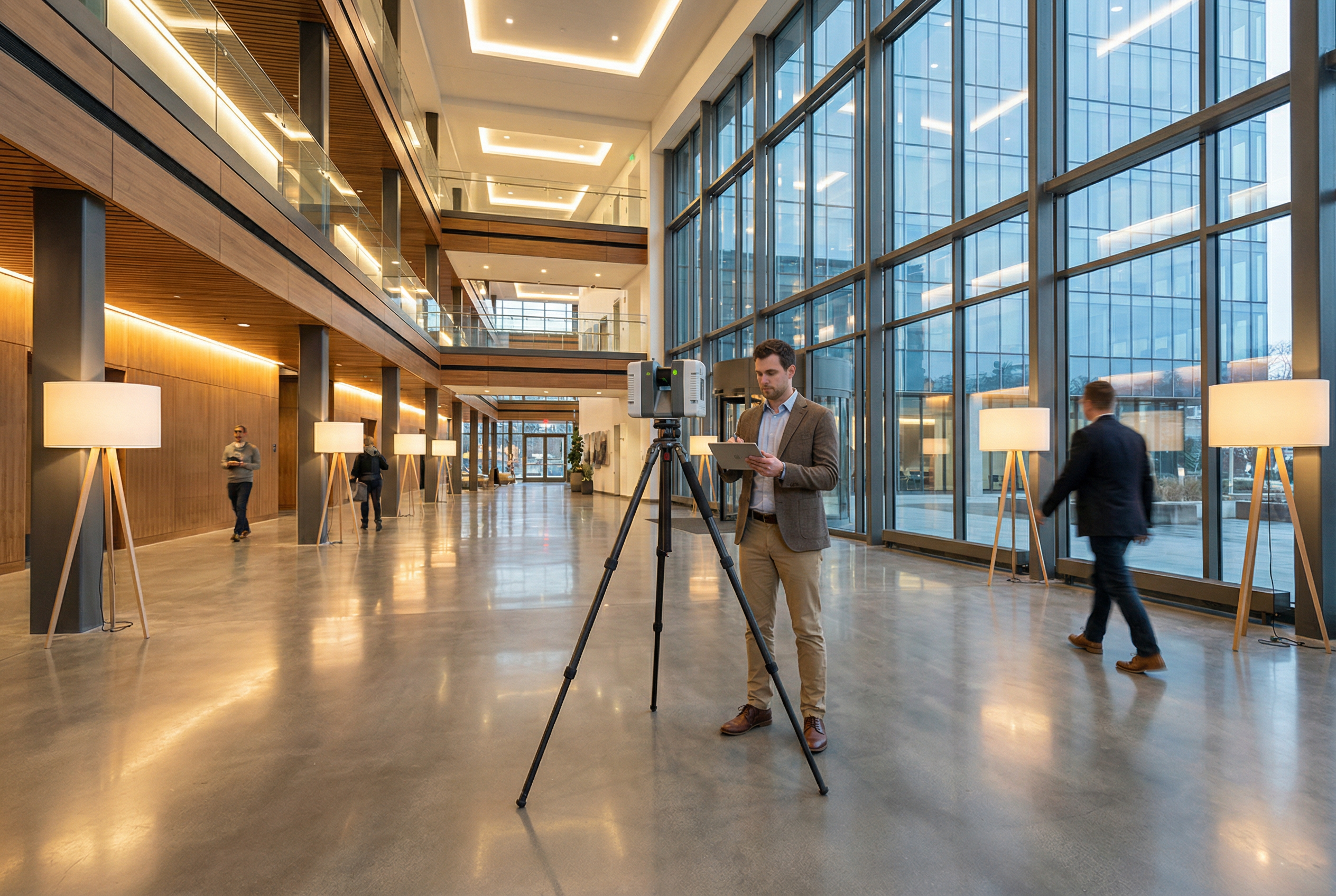 Scan-to-BIM services - LEICA RTC 360 laser scanner on tripod in large commercial building - professional 3D documentation