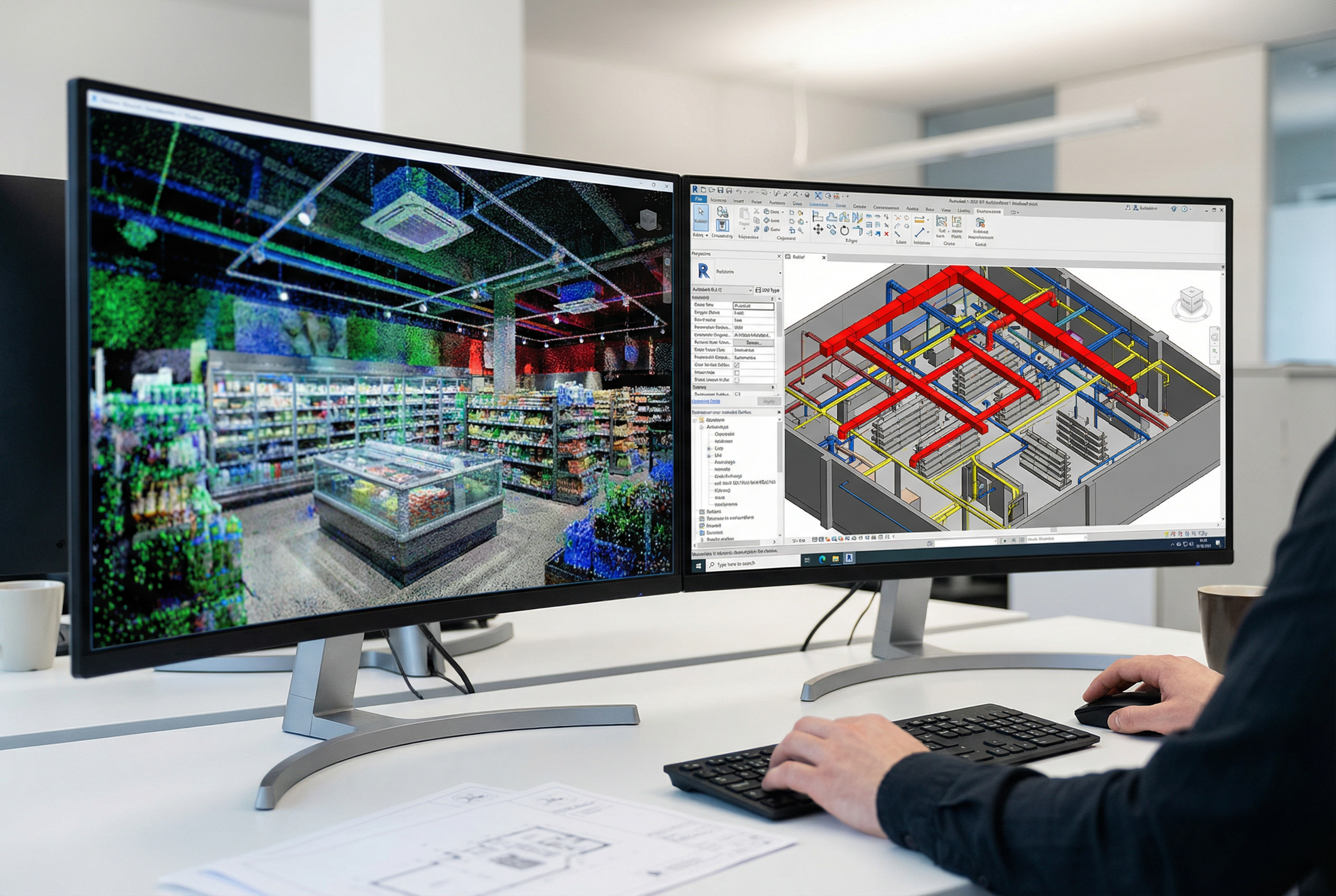 retail scan to bim services - LOD 300 Revit model of retail store MEP systems from point cloud - BIM deliverable