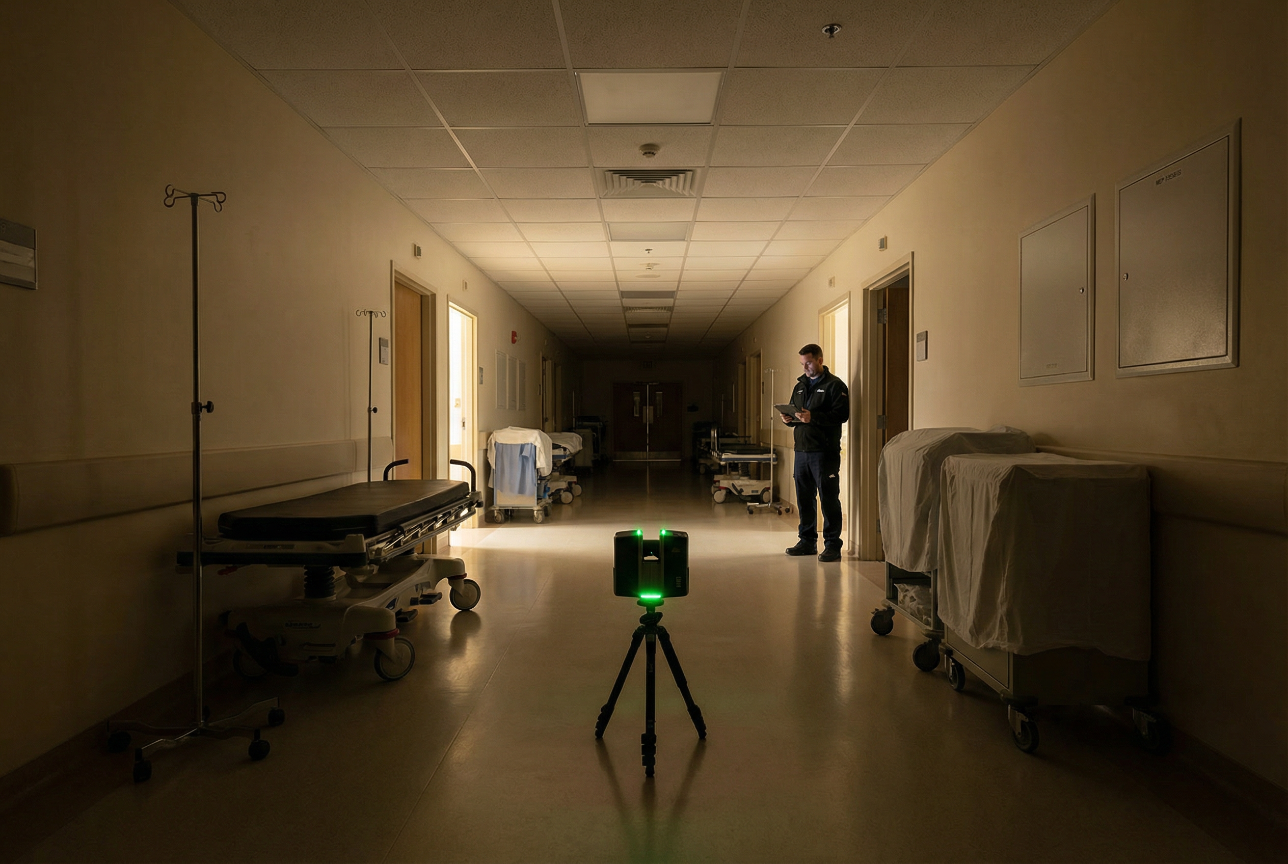 renovation scan to bim services - LEICA BLK 360 scanner operating after hours in healthcare facility corridor - occupied building laser scanning protocol