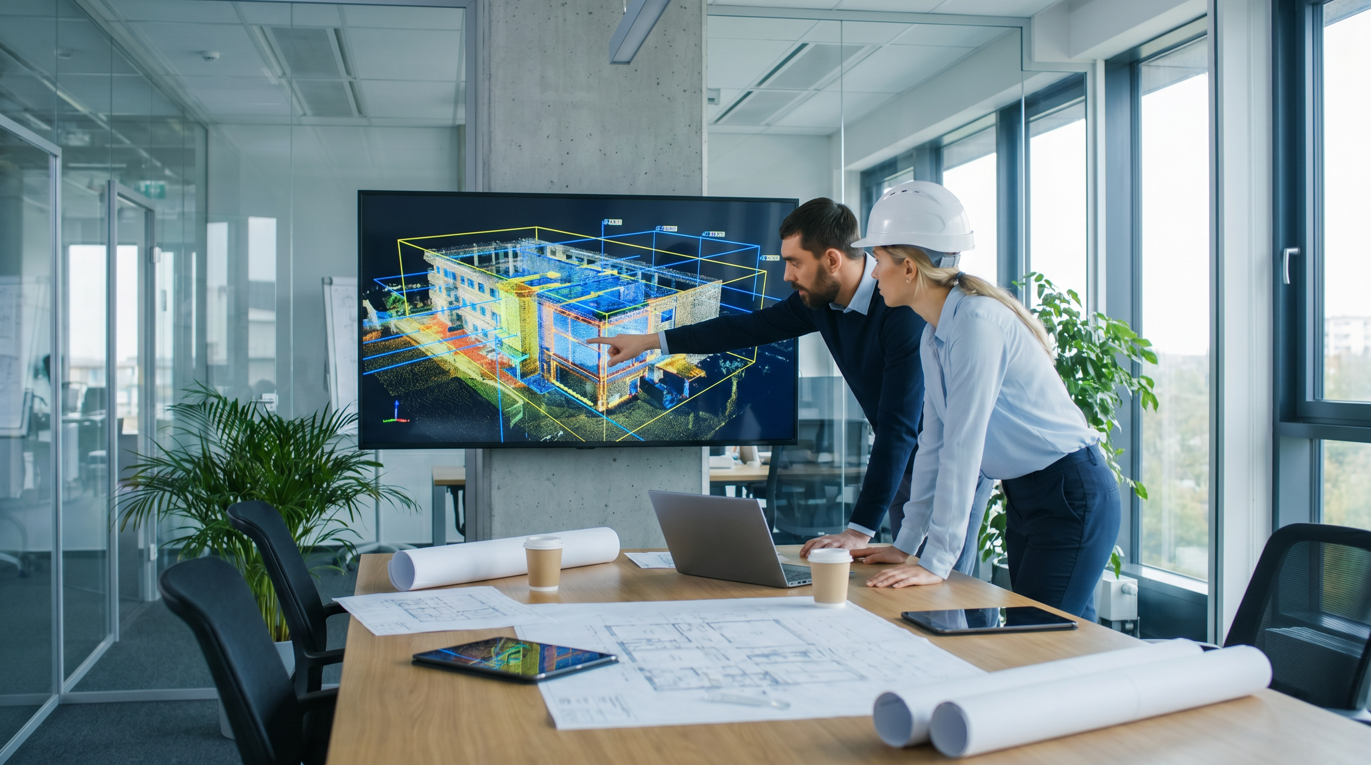 Architects analyzing colorized LiDAR point cloud for construction