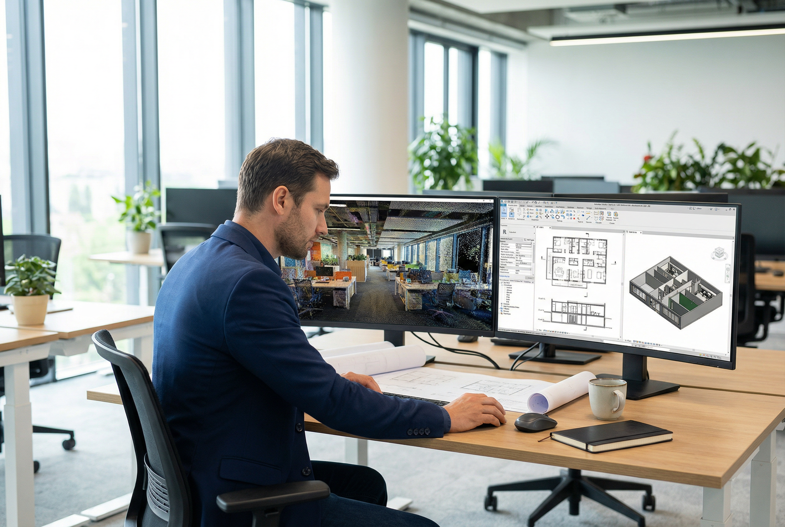 Scan-to-BIM deliverables - BIM manager reviewing Revit model and point cloud data on dual monitors - professional documentation workflow