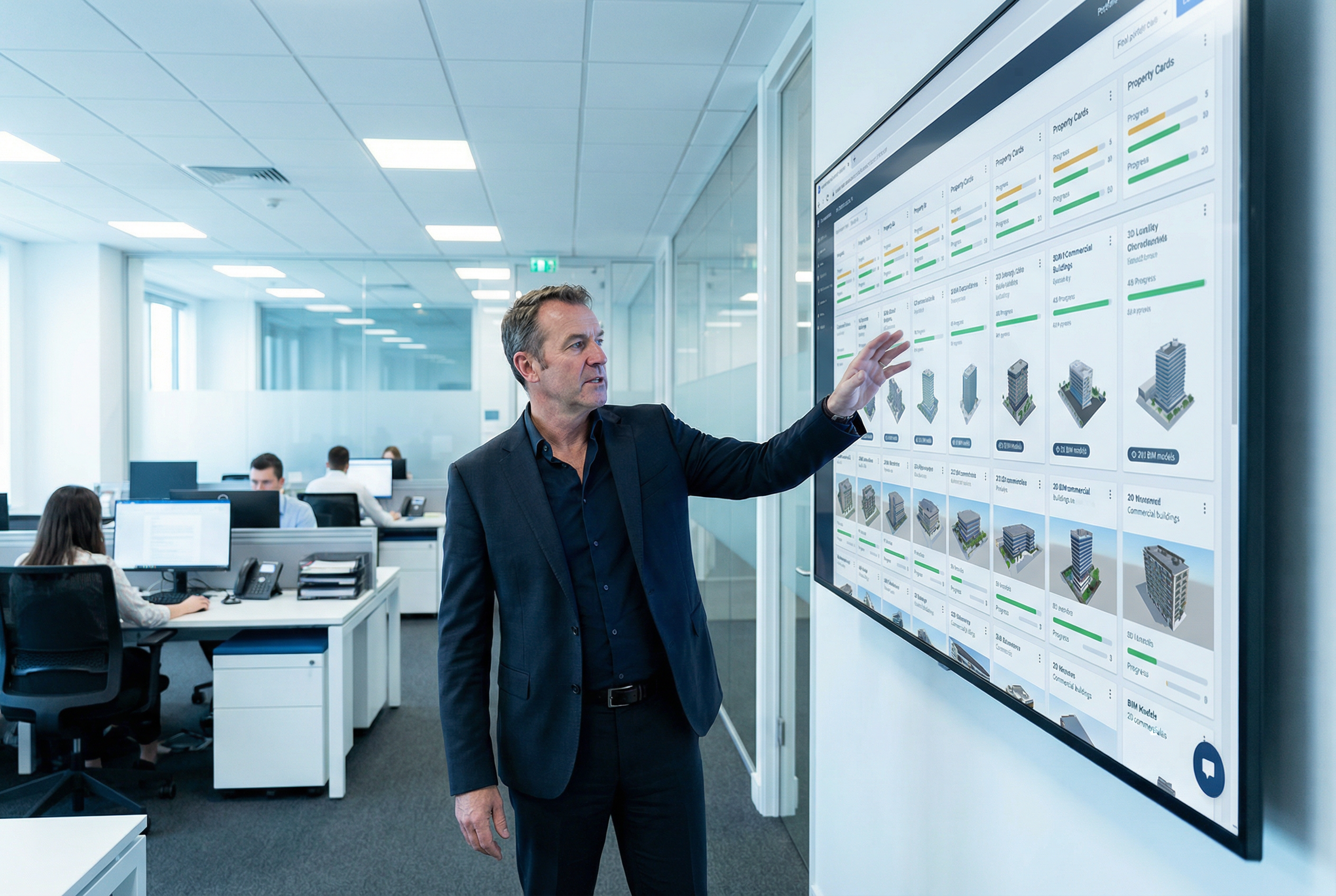 Corporate real estate scan to BIM - portfolio dashboard displaying multi-property BIM documentation progress across enterprise holdings - program management