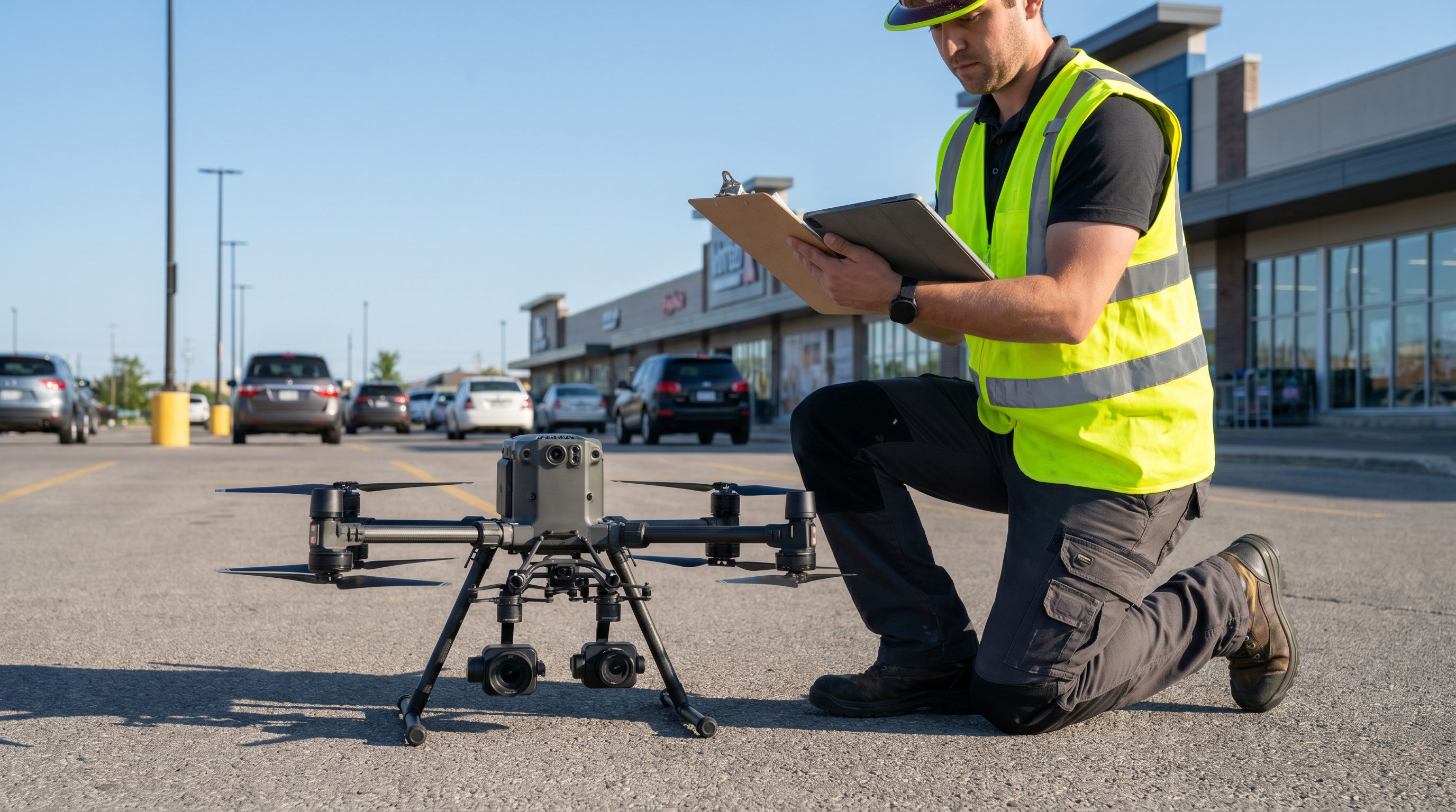 FAA Part 107 drone pilot pre-flight inspection at commercial retail site — aerial documentation preparation for roof and site survey