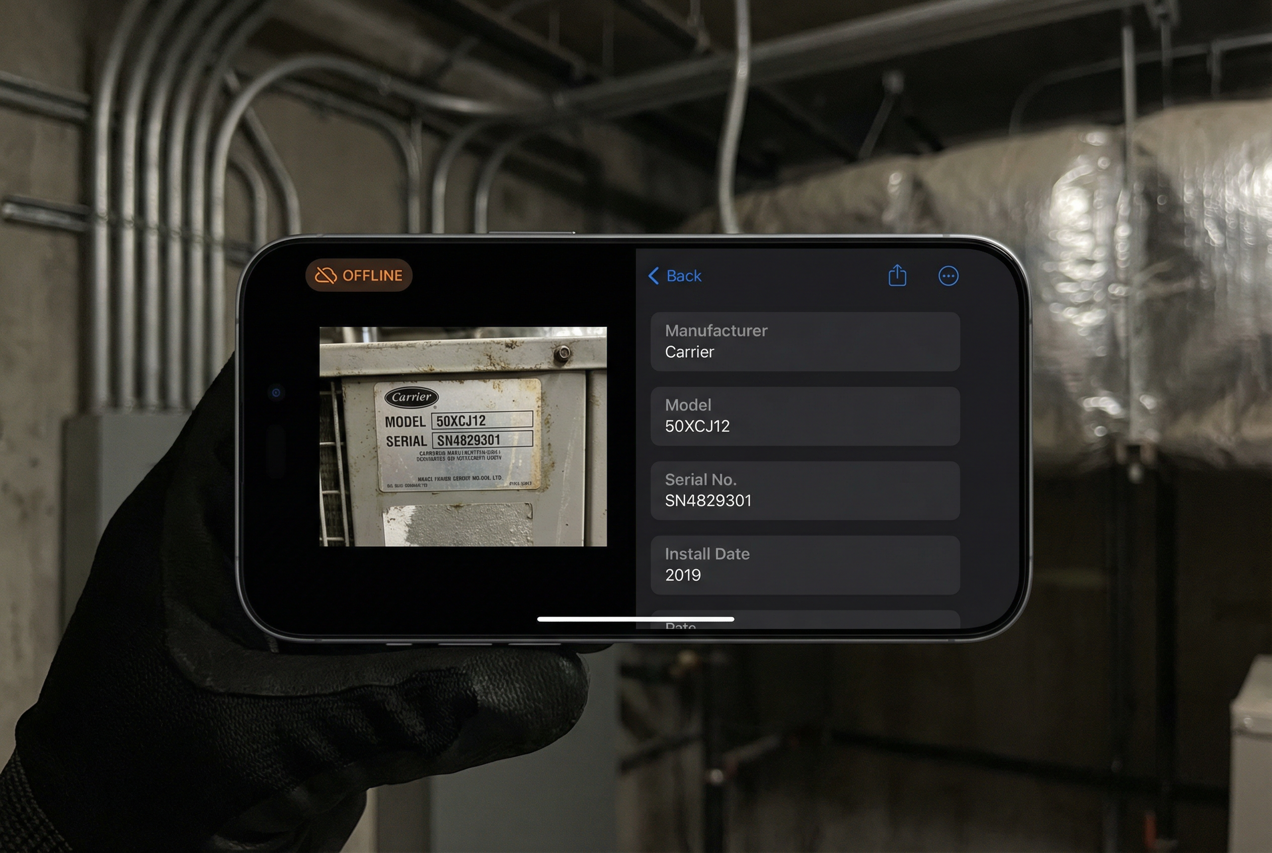 Retail store asset management software - AI spec extraction from HVAC nameplate photo on iPhone - offline equipment room documentation
