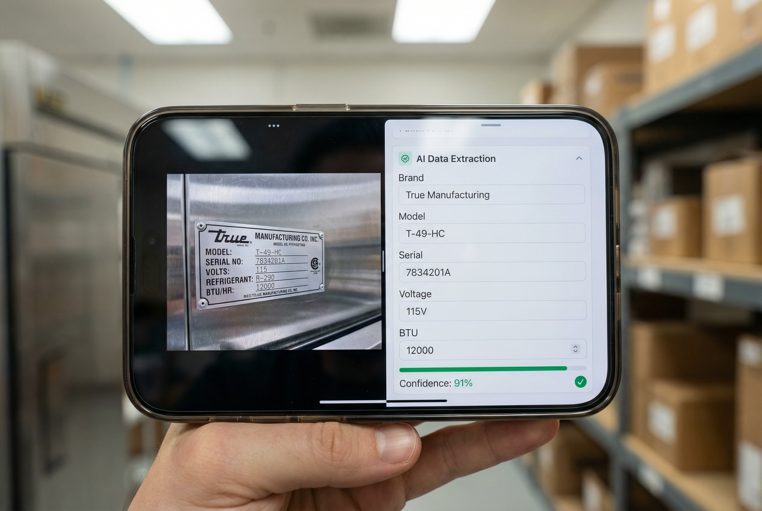 AI spec extraction mobile app - equipment photo to auto-filled spec sheet on smartphone - facility technician workflow