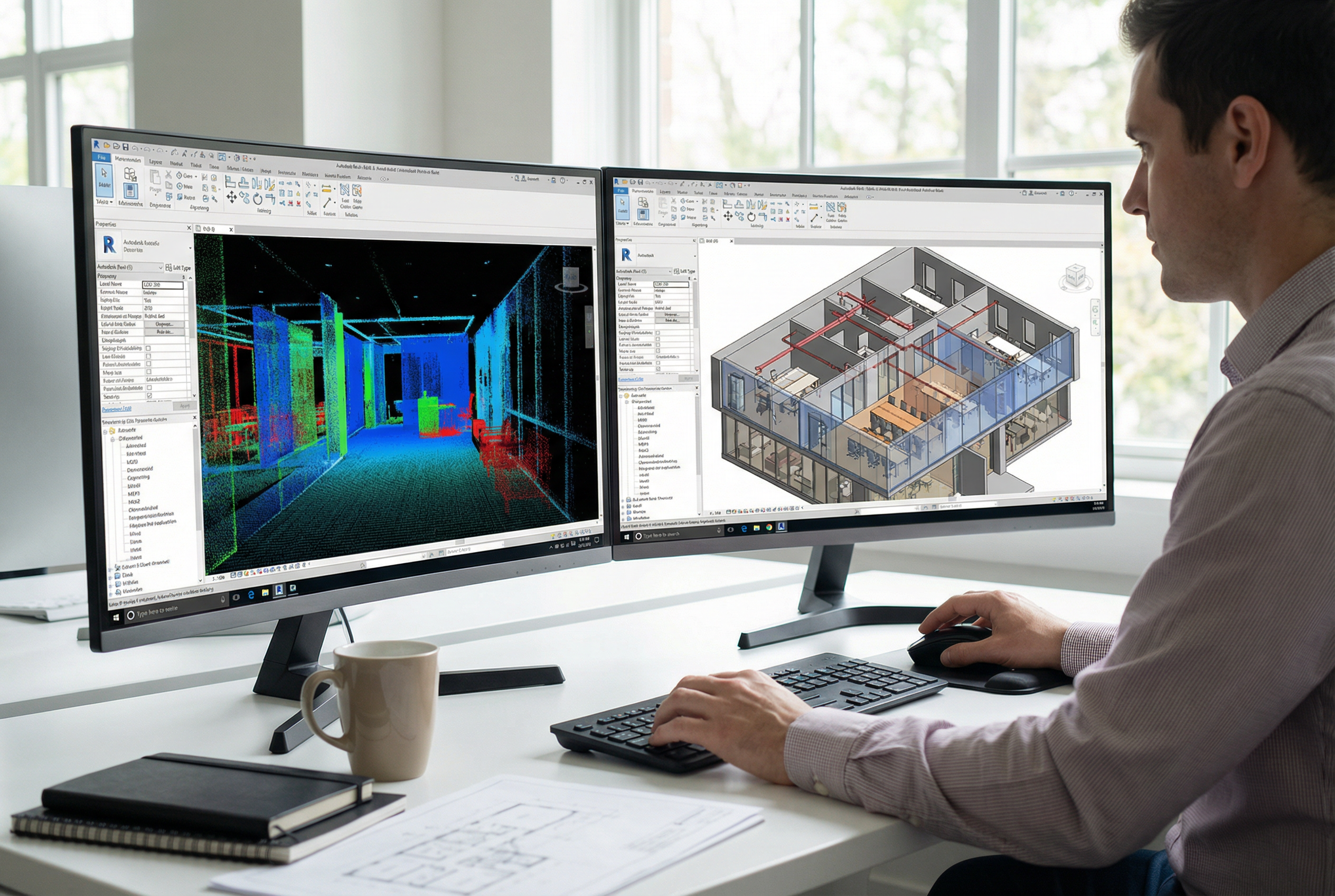 Scan-to-BIM for architects - BIM modeler linking LOD 300 existing conditions Revit model into architectural design file on dual monitors