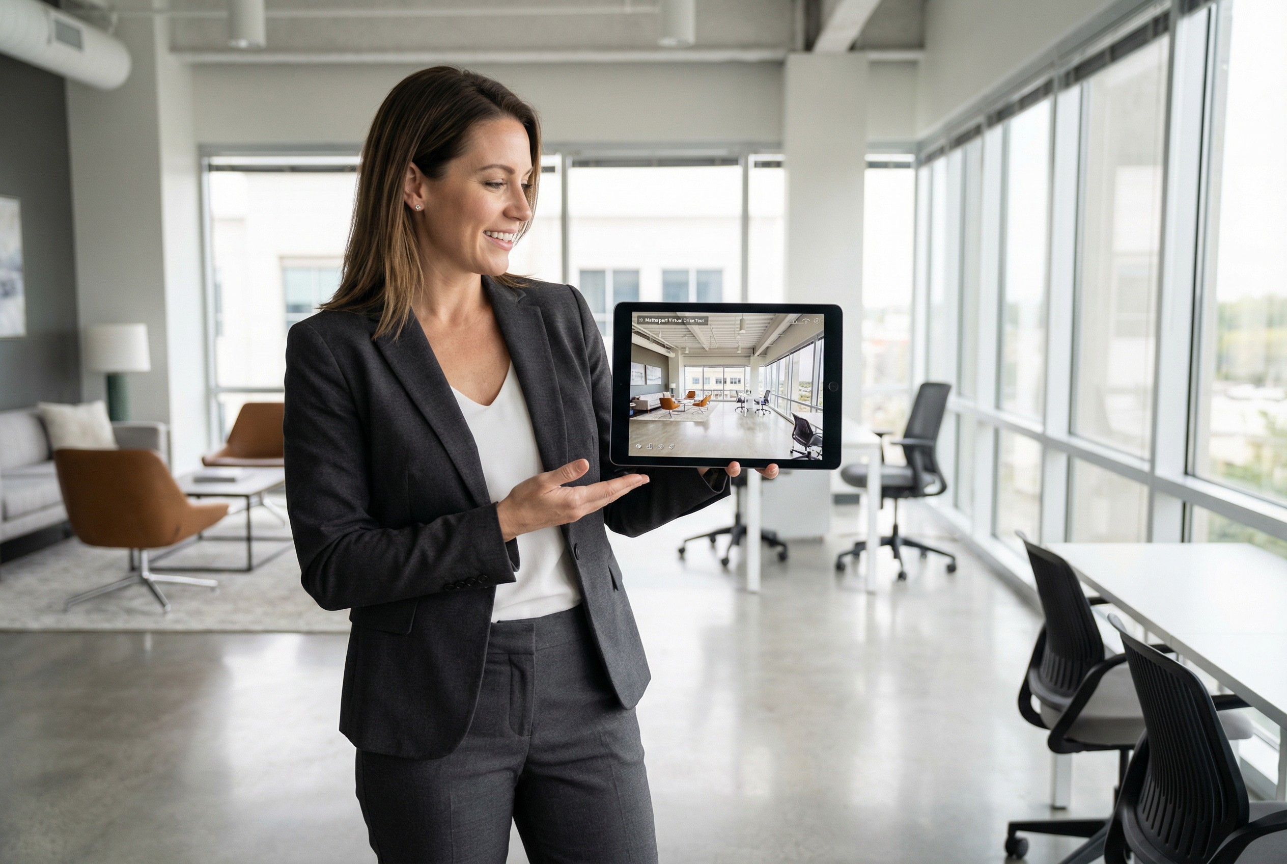 property manager scan to bim - Matterport Pro3 virtual tour on tablet in leased commercial office space - leasing marketing documentation