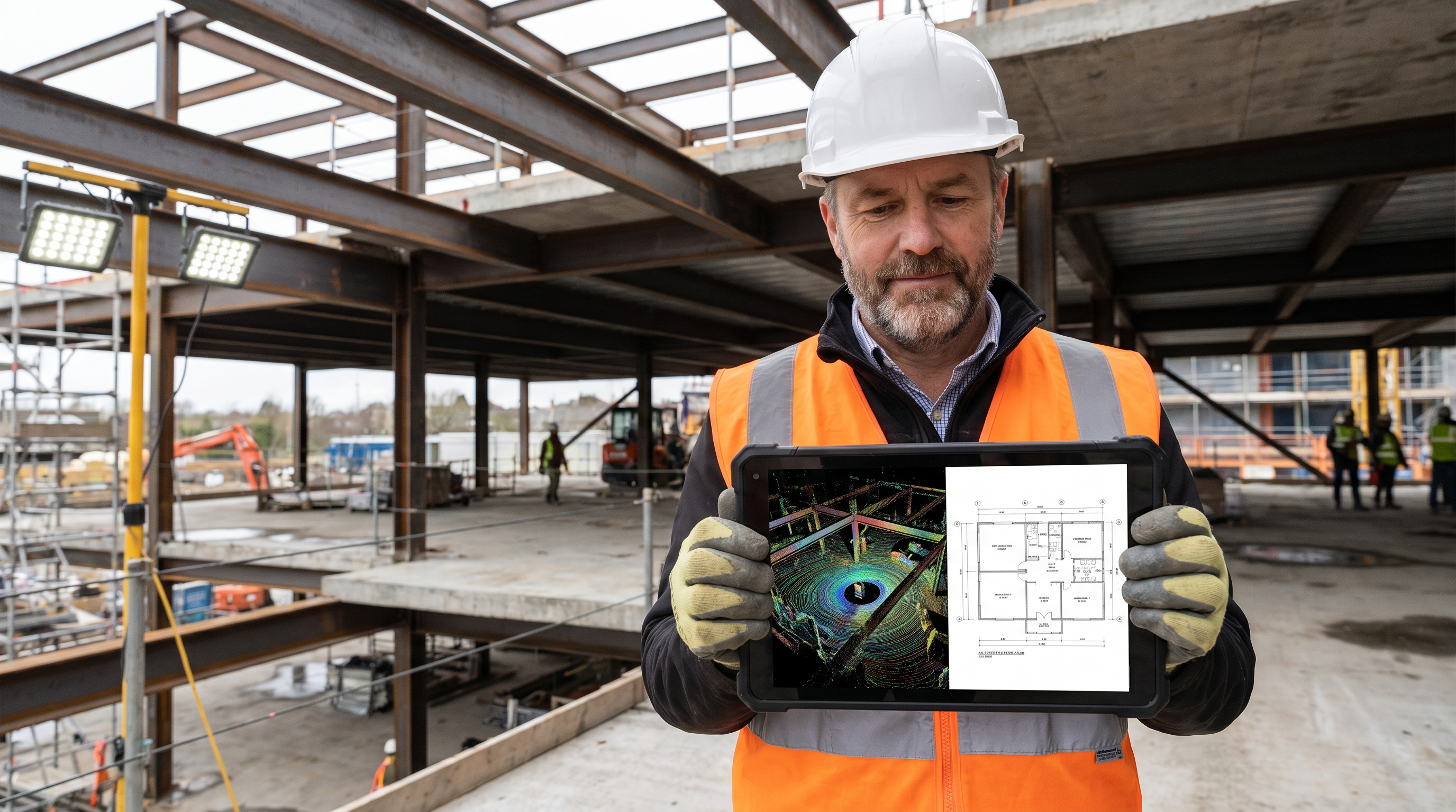 Architect on construction site reviewing tablet with Robotic Imaging point cloud data and as-built drawings side by side — existing conditions verification