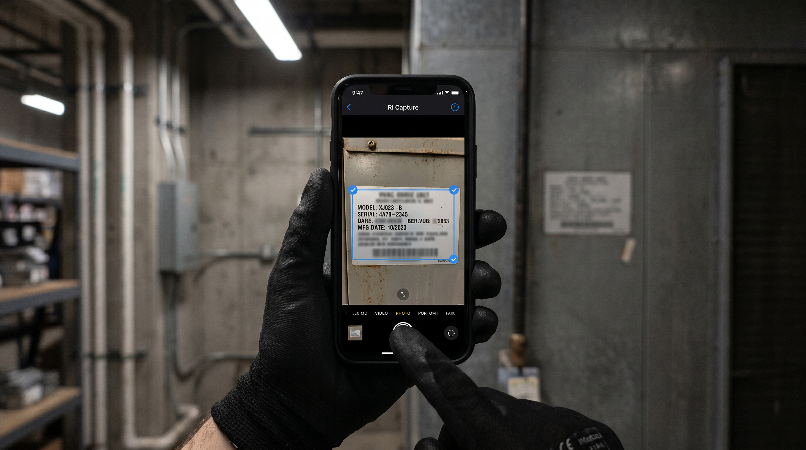 RI Capture mobile app on iPhone — store manager photographing HVAC unit nameplate for self-service asset documentation in retail back-of-house