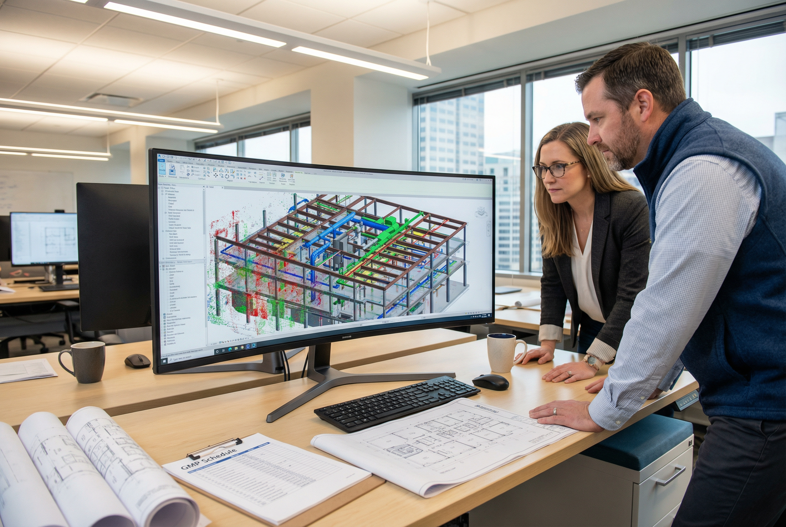 design build scan to bim - construction project manager reviewing LOD 300 Revit BIM model on large monitor with point cloud overlay - GMP preconstruction planning