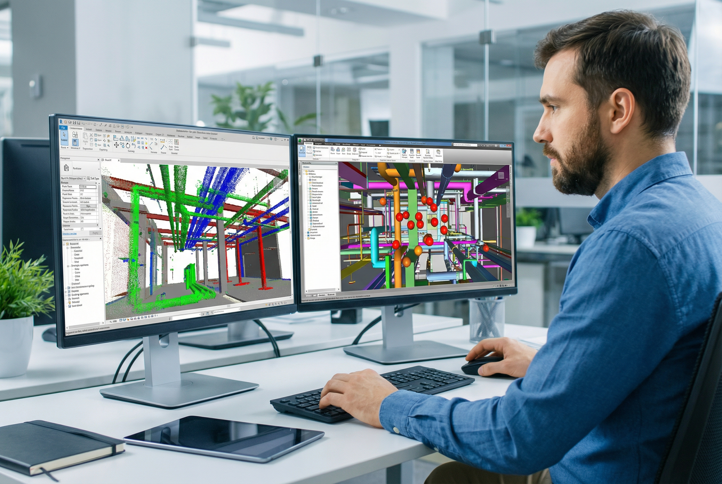 bim manager scan to bim services - Navisworks clash detection with point cloud overlay on dual monitors - BIM coordination workflow