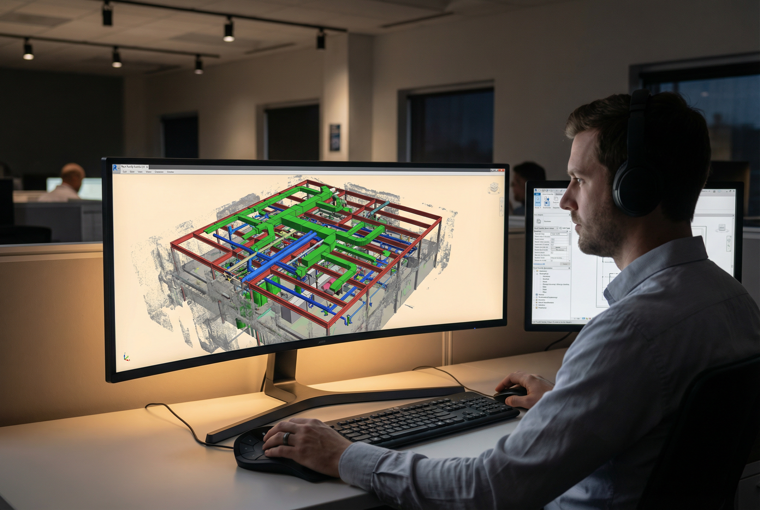 Scan-to-BIM deliverables - LOD 350 Revit BIM model with MEP systems displayed on monitor beside point cloud visualization - commercial office documentation