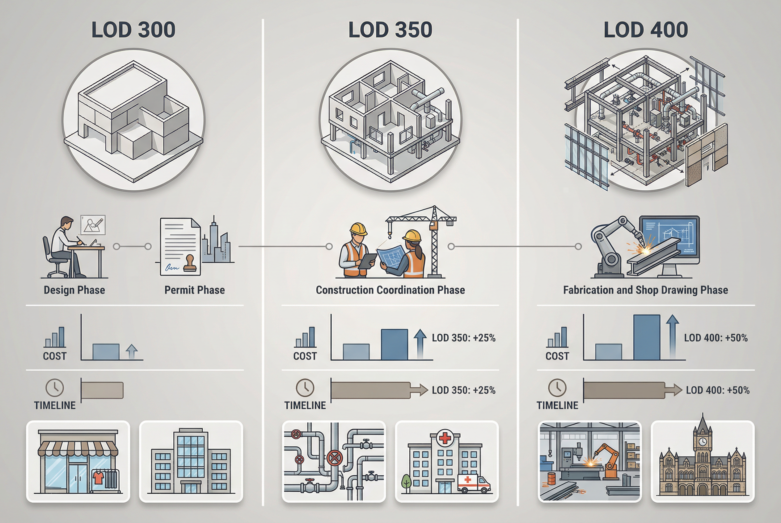 lod 300 vs lod 350 vs lod 400 - BIM LOD selection decision framework visual guide showing project phase, coordination complexity, and cost-timeline trade-off matrix for choosing correct level of development