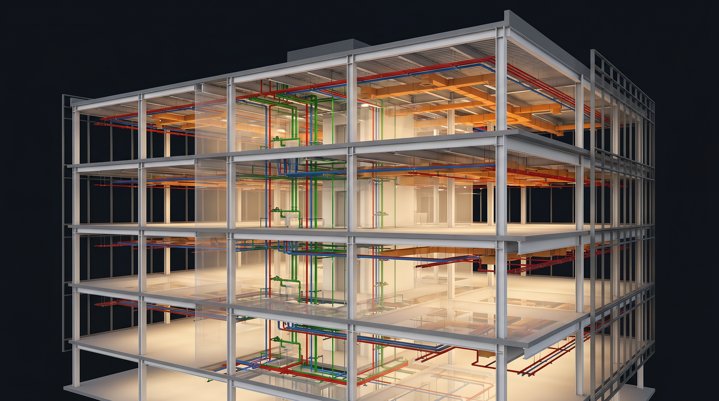 Resolved BIM coordination model showing color-coded MEP systems after clash detection analysis in a commercial renovation project