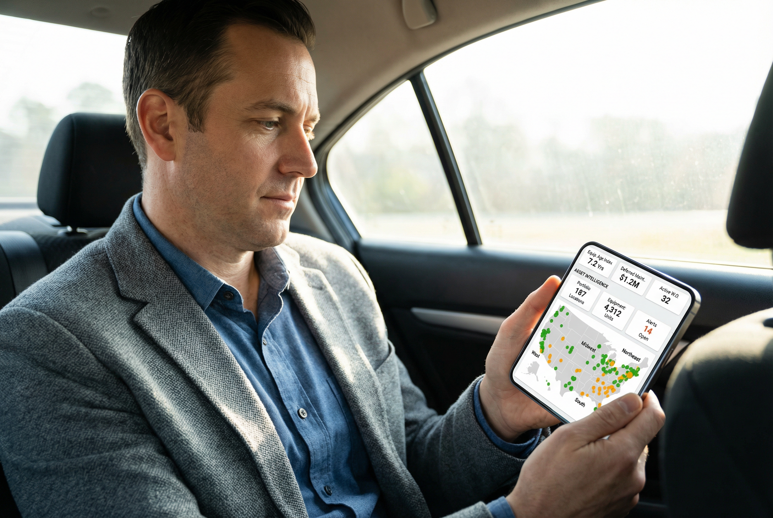 Retail facilities manager asset platform - mobile portfolio dashboard across 200 stores - facilities director on commute