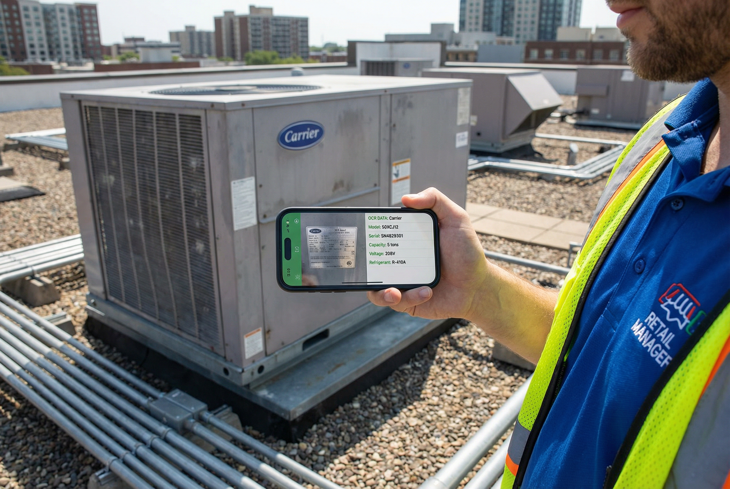 AI spec sheet extraction equipment photos - store manager photographing HVAC nameplate on iPhone - retail facility