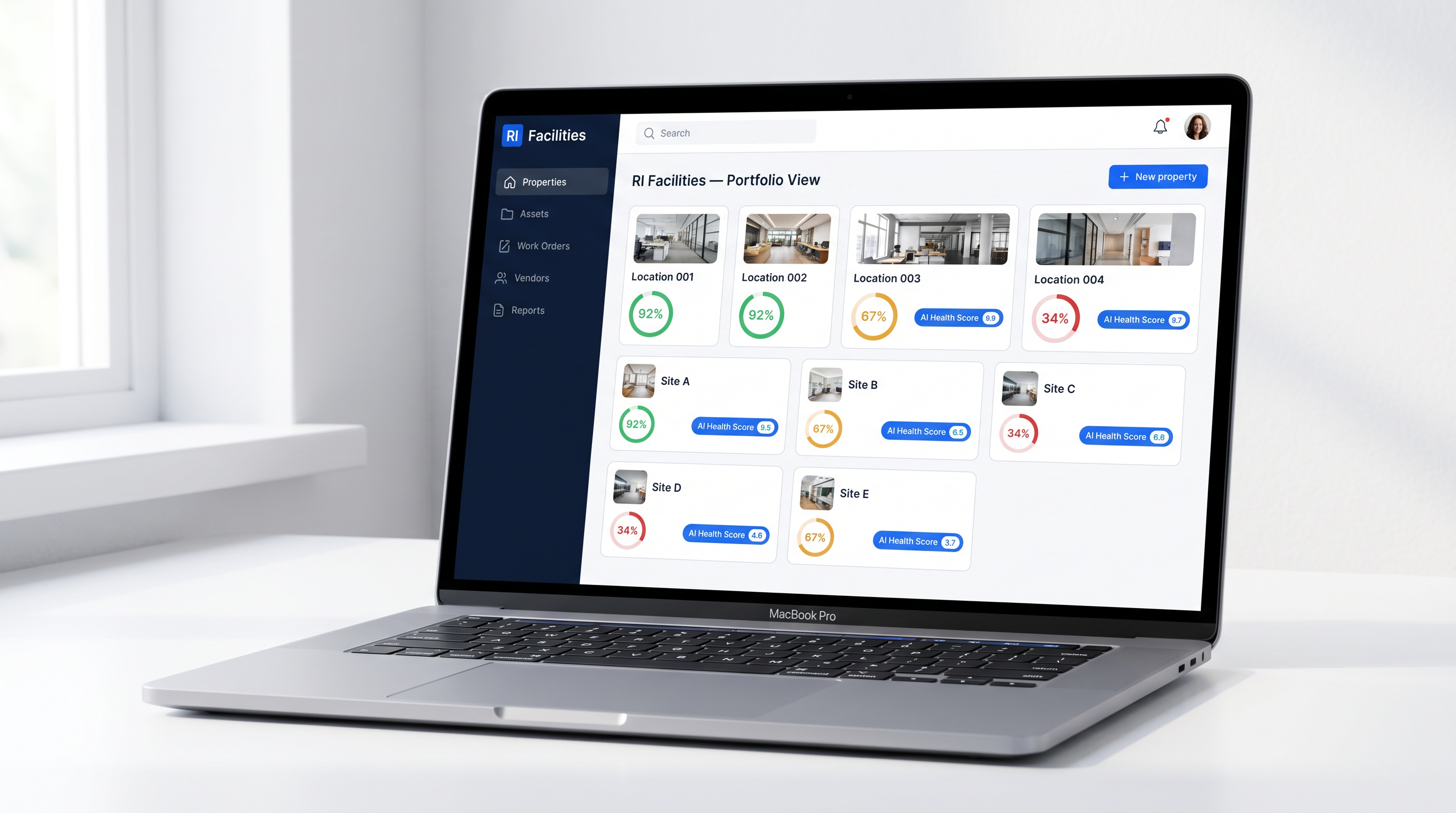 Robotic Imaging RI Facilities platform — web dashboard showing portfolio documentation progress, asset categories, and AI health scores across multiple retail locations
