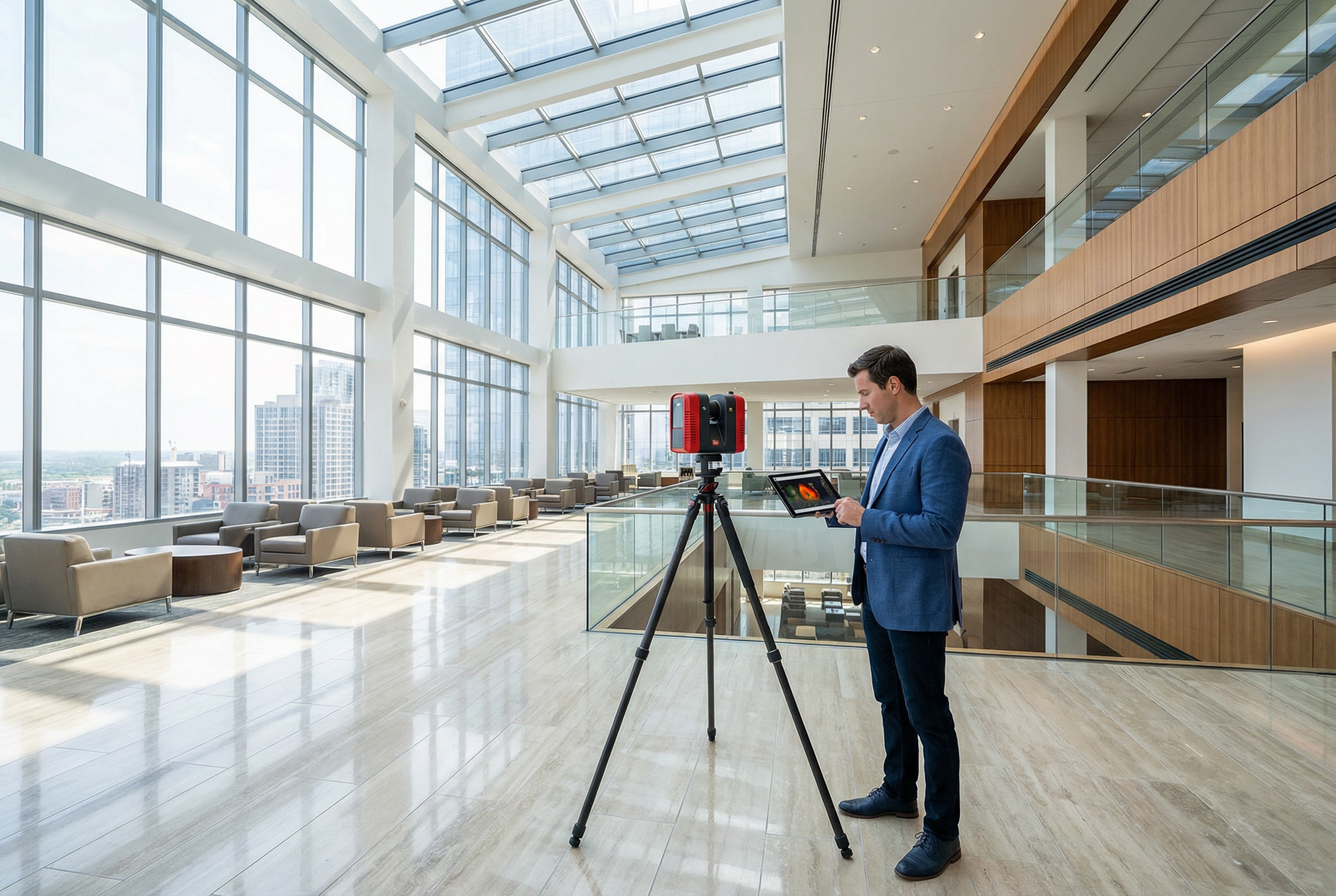 Corporate real estate scan to BIM - LEICA RTC 360 laser scanner documenting large commercial office portfolio property - enterprise 3D documentation